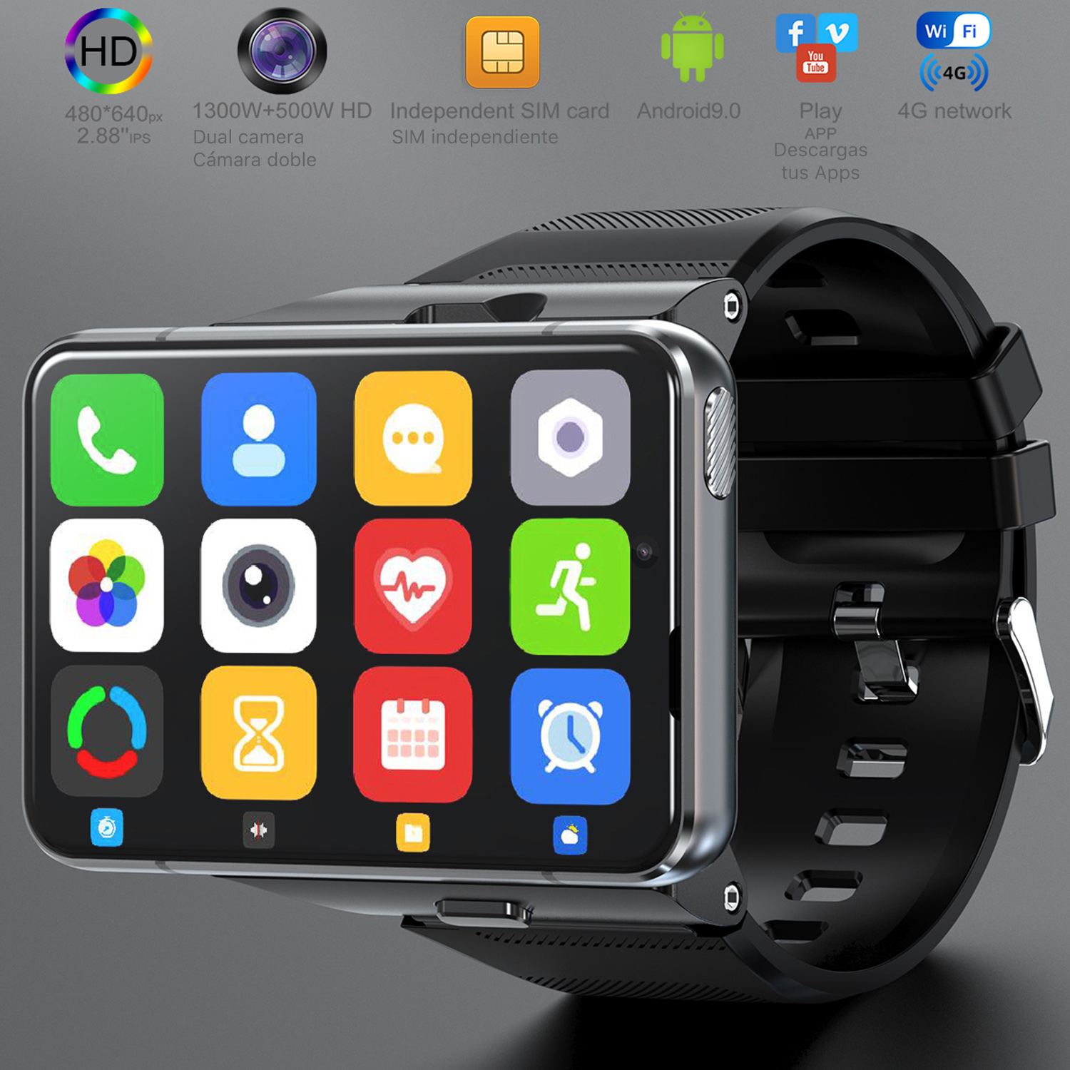 Smartwatch mit großem Bildschirm, der Symbole und App-Oberflächen anzeigt.