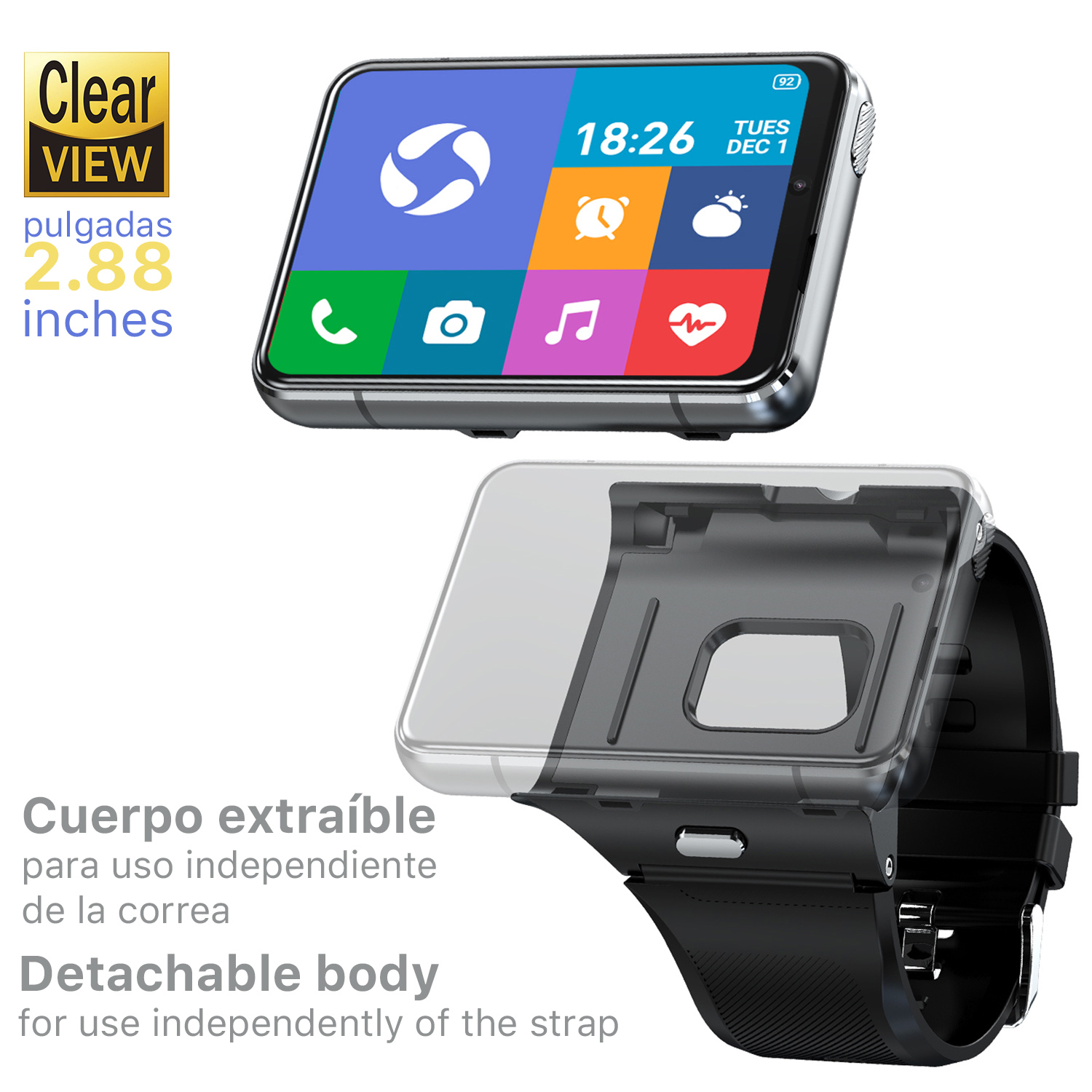 Smartwatch mit abnehmbarem Gehäuse und einem transparenten 2,88-Zoll-Display.