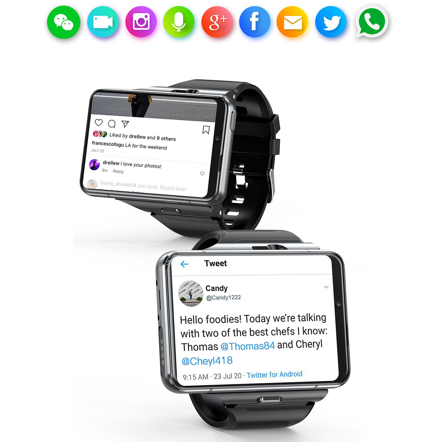 Smartwatch zeigt Social-Media-Posts, einschließlich Instagram- und Twitter-Feeds, und Social-Media-Symbole.
