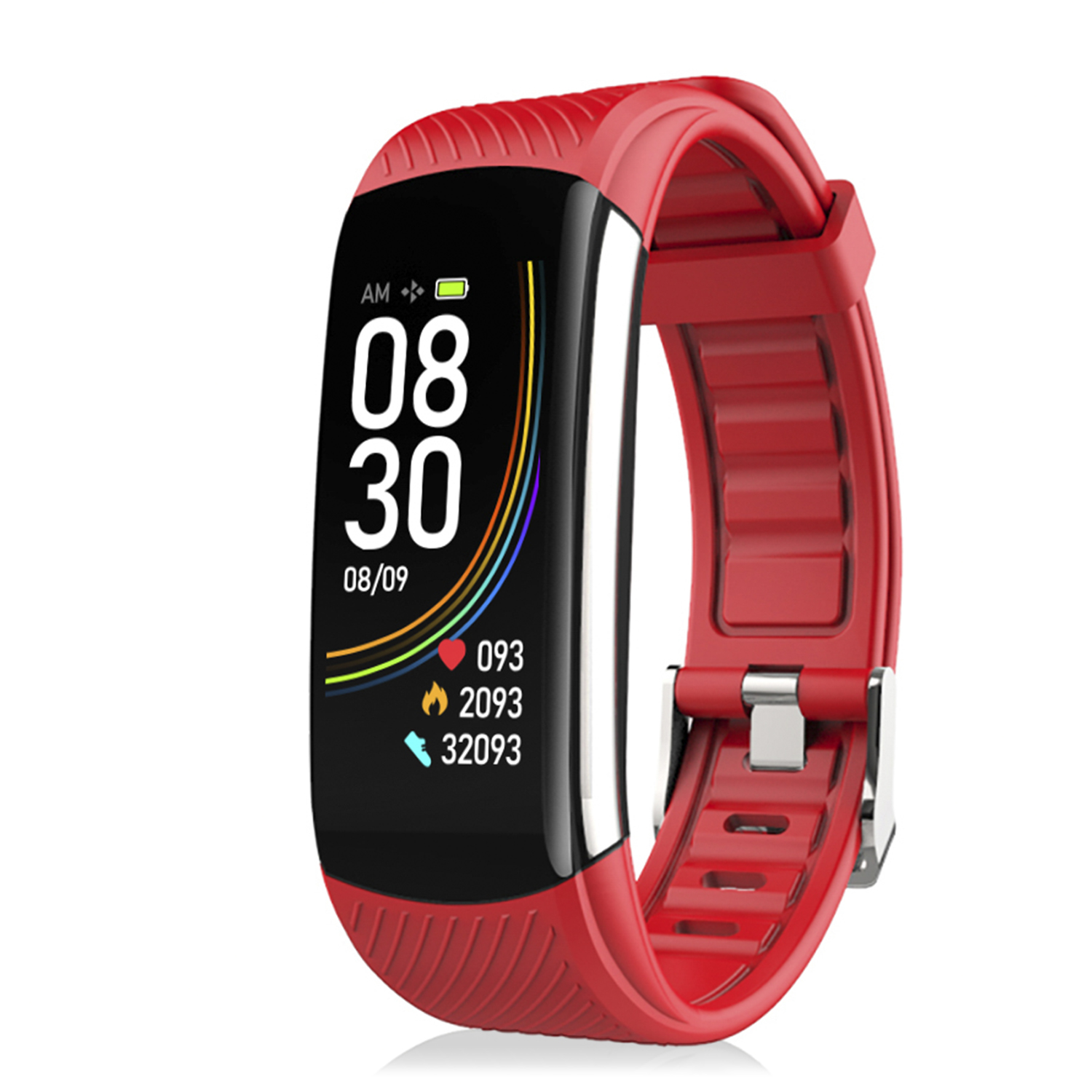 Tracker fitness rosso con schermo nero che mostra ora, data e dati attività. Cinturino rosso.