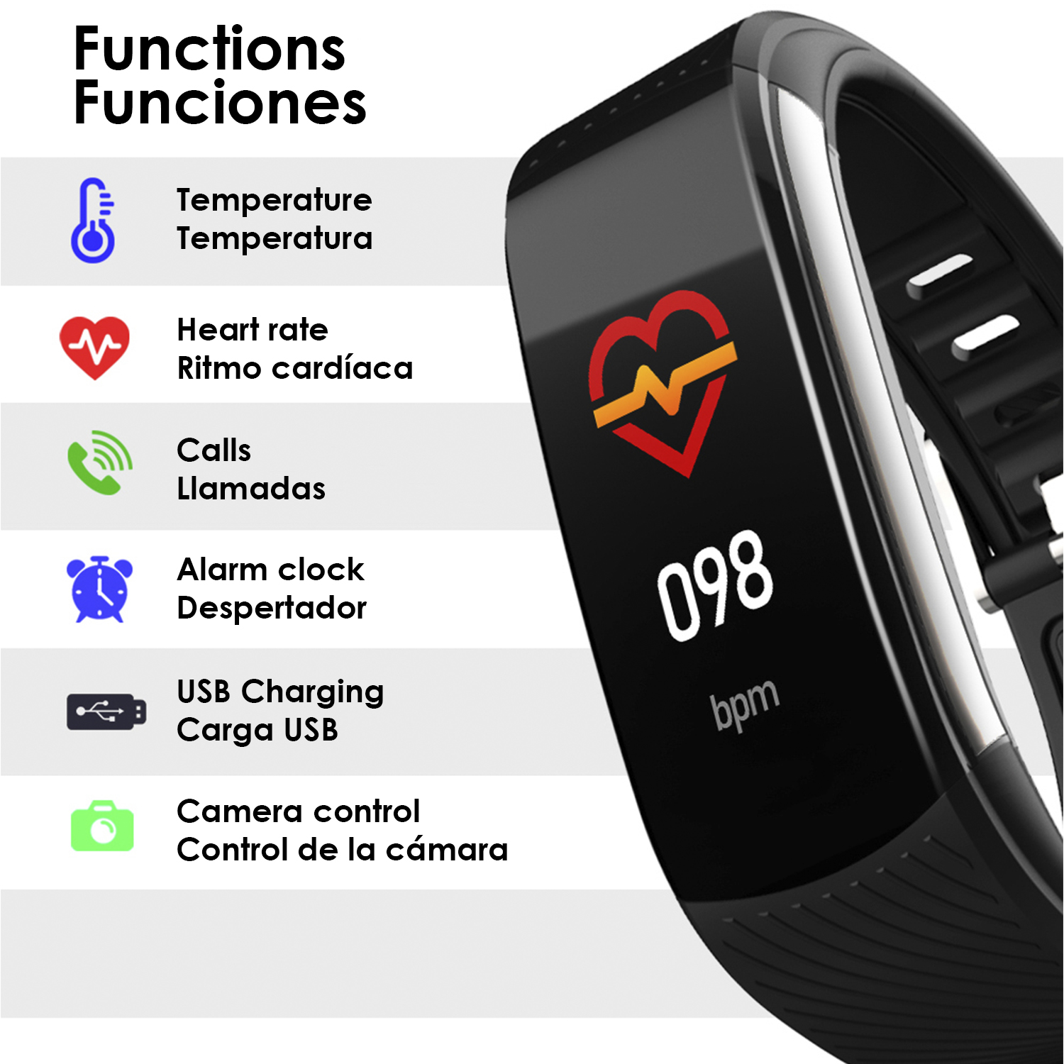 Un fitness tracker nero che mostra i dati sulla frequenza cardiaca. Il testo '098 bpm' è visibile.