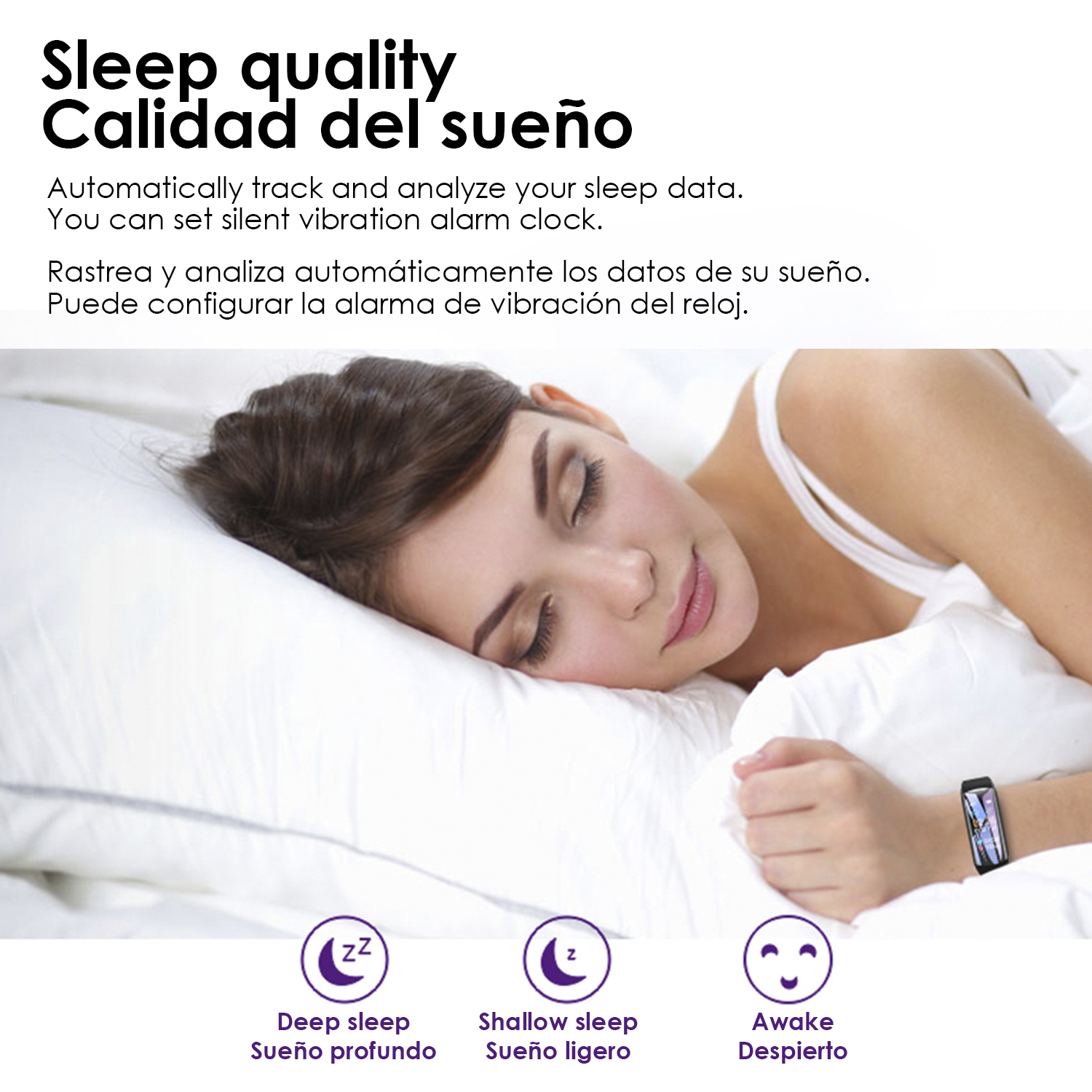 Donna che dorme a letto, con smartwatch, con icone delle fasi del sonno.