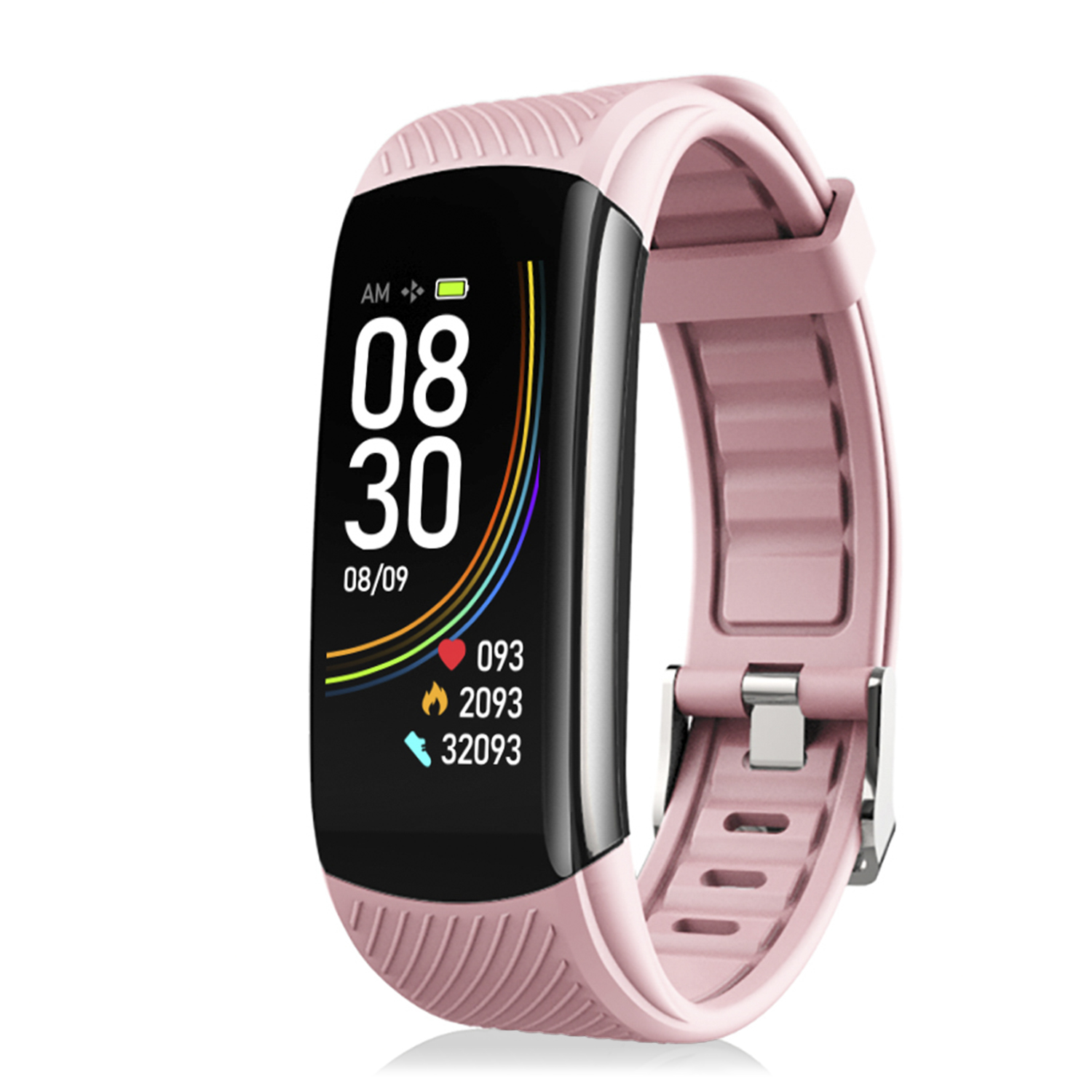 Fitness tracker rosa con schermo nero, ora, data e dati sanitari, cinturino rosa su sfondo bianco.
