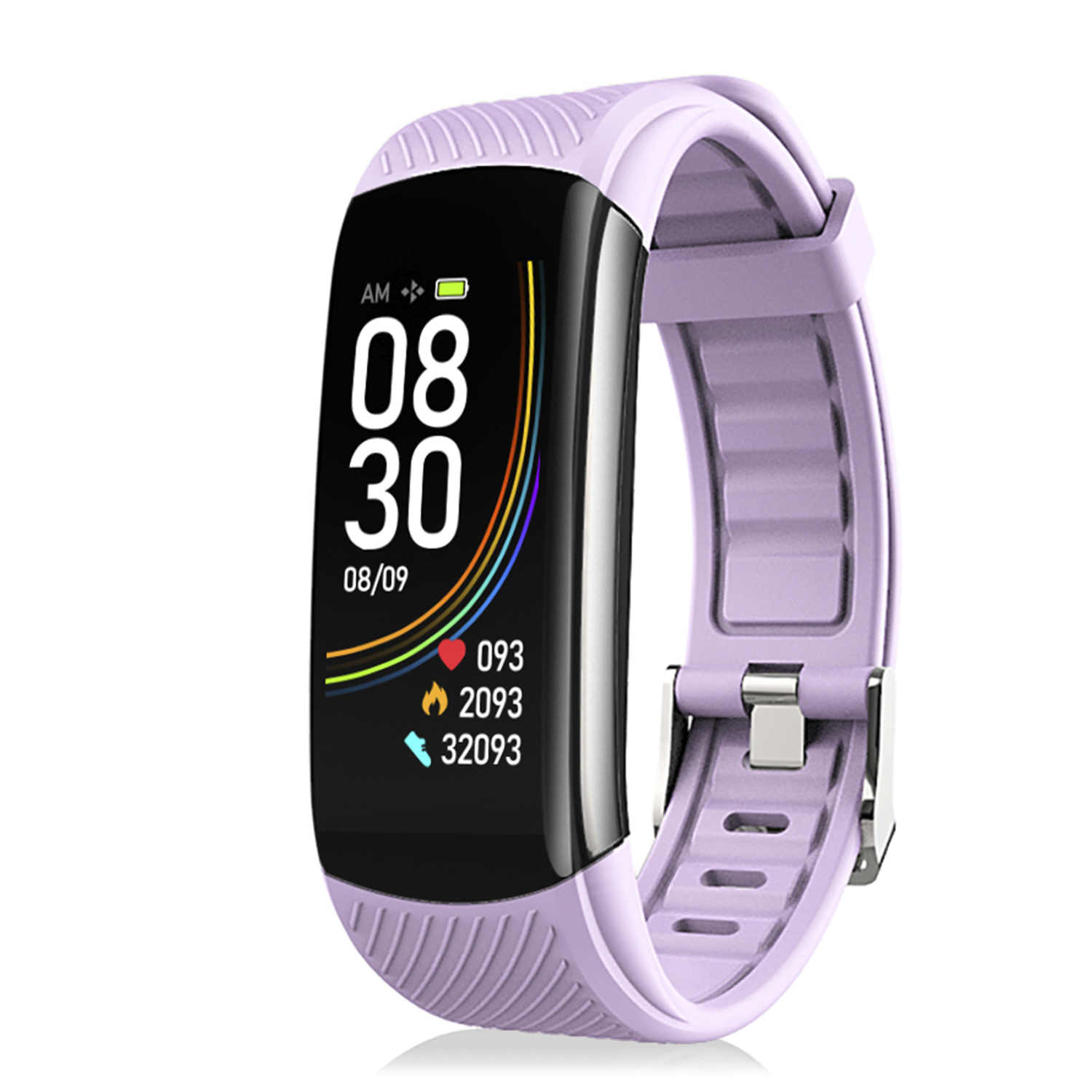 Fitness tracker viola che mostra l'ora, la data e le metriche di attività su uno schermo nero, con un cinturino viola.