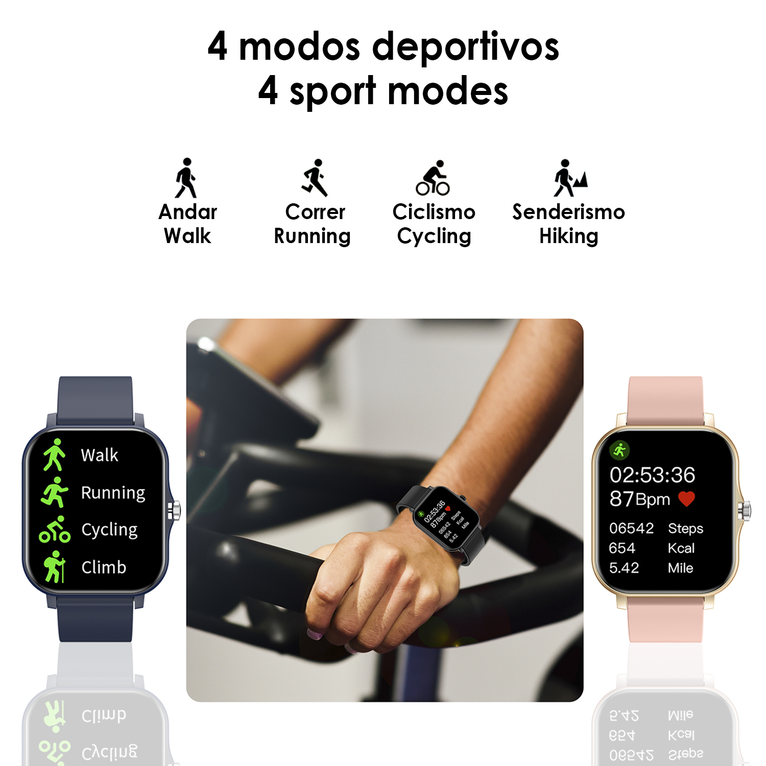 Vengono visualizzate quattro modalità sportive con smartwatch che mostrano diverse metriche di allenamento.