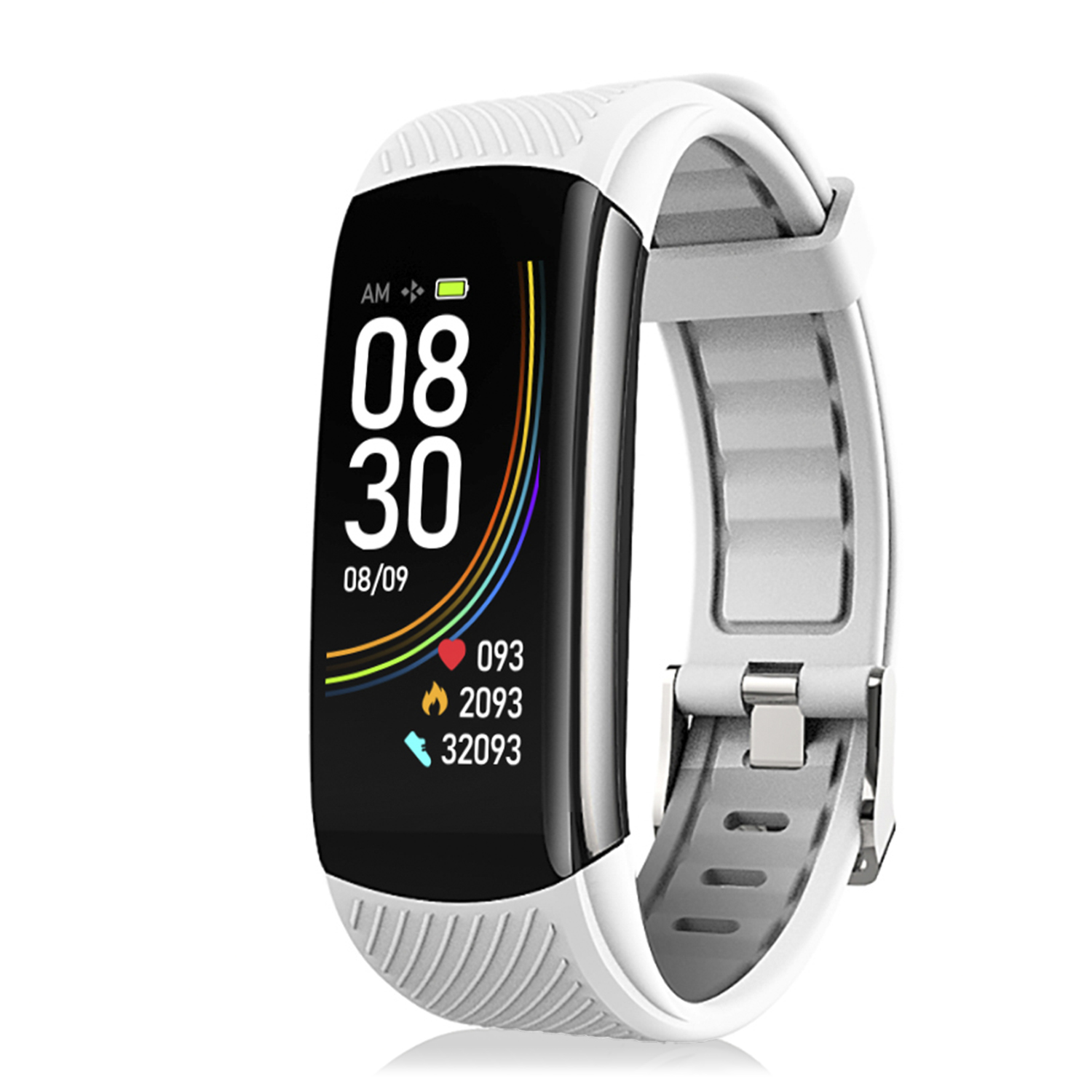 Tracker fitness bianco con schermo nero che mostra ora, data e dati sanitari, cinturino bianco.