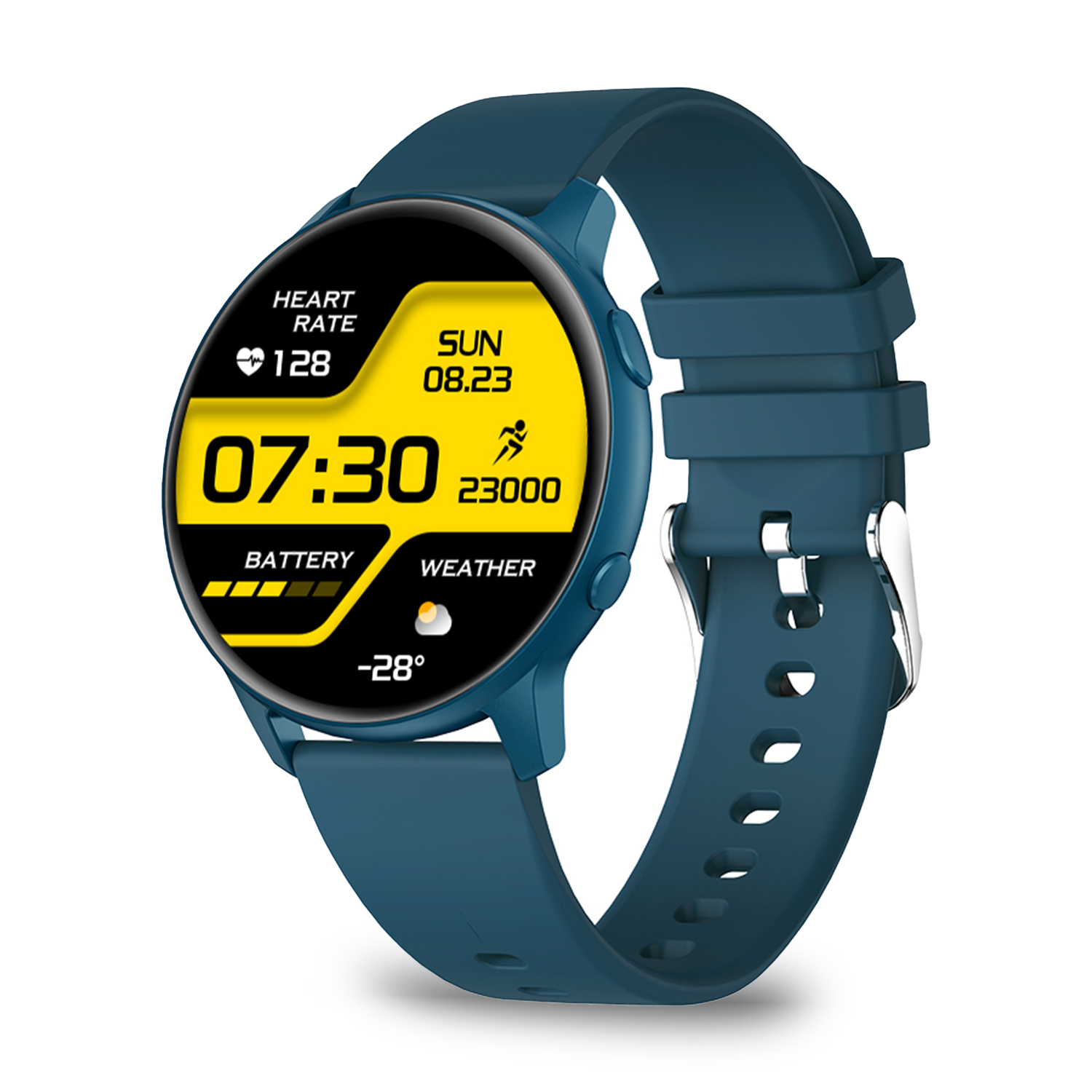 Smartwatch verde acqua che mostra ora e dati meteo. Cinturino verde acqua. Sfondo bianco. Livello batteria visualizzato.