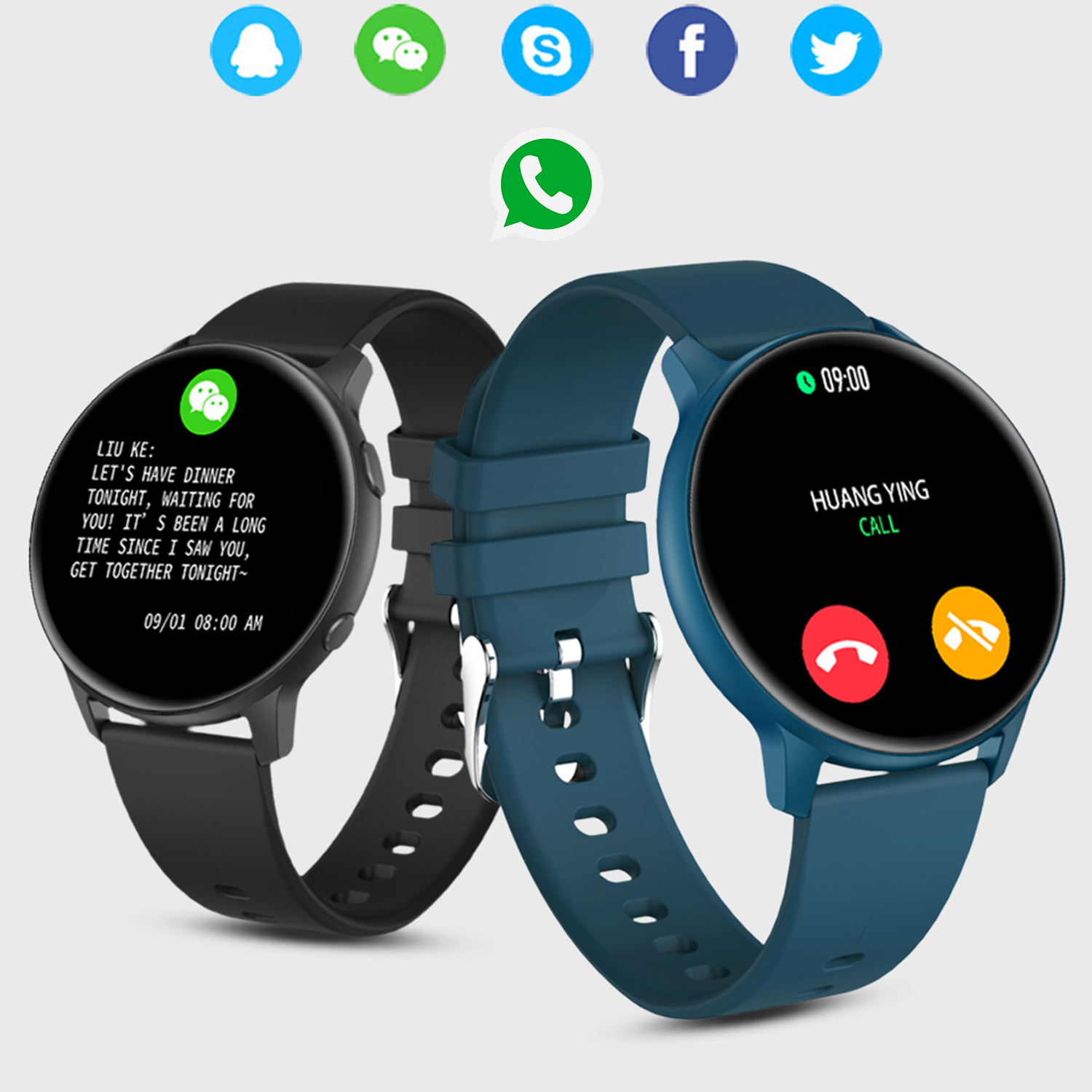 Smartwatch con notifiche di app di messaggistica. Uno è nero, l'altro è blu. Entrambi hanno informazioni di contatto.