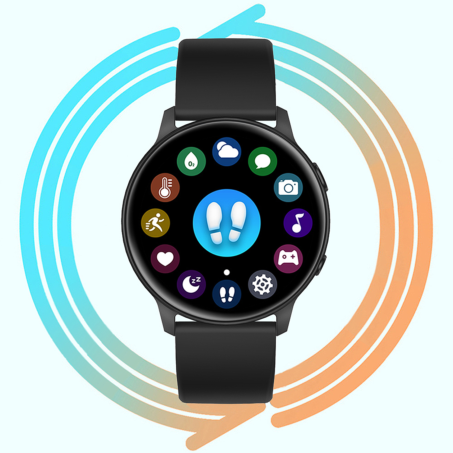 Smartwatch con cinturino nero, che mostra icone di app e un'icona centrale di impronte.