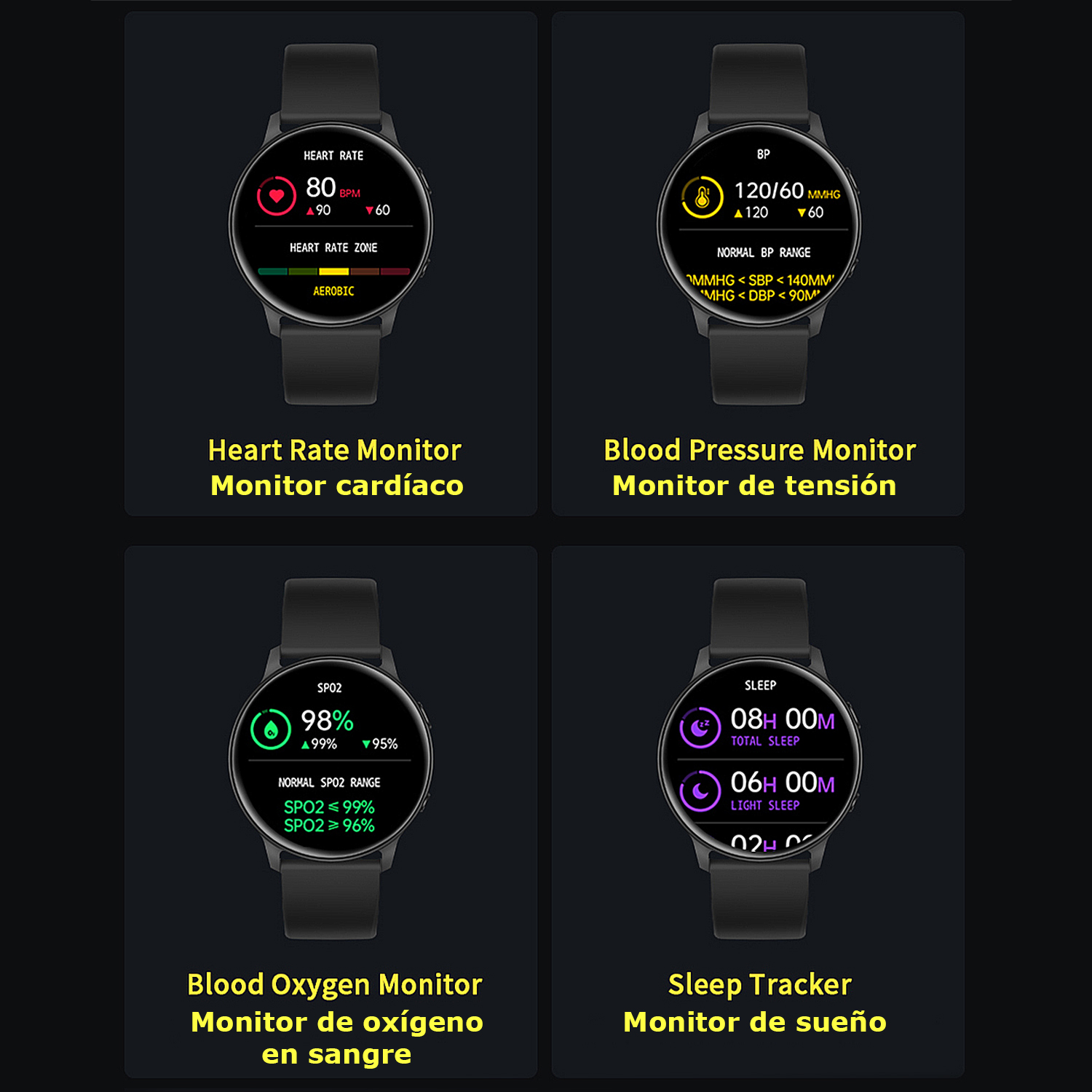 Smartwatch che mostrano frequenza cardiaca, pressione sanguigna, ossigeno nel sangue e sonno.