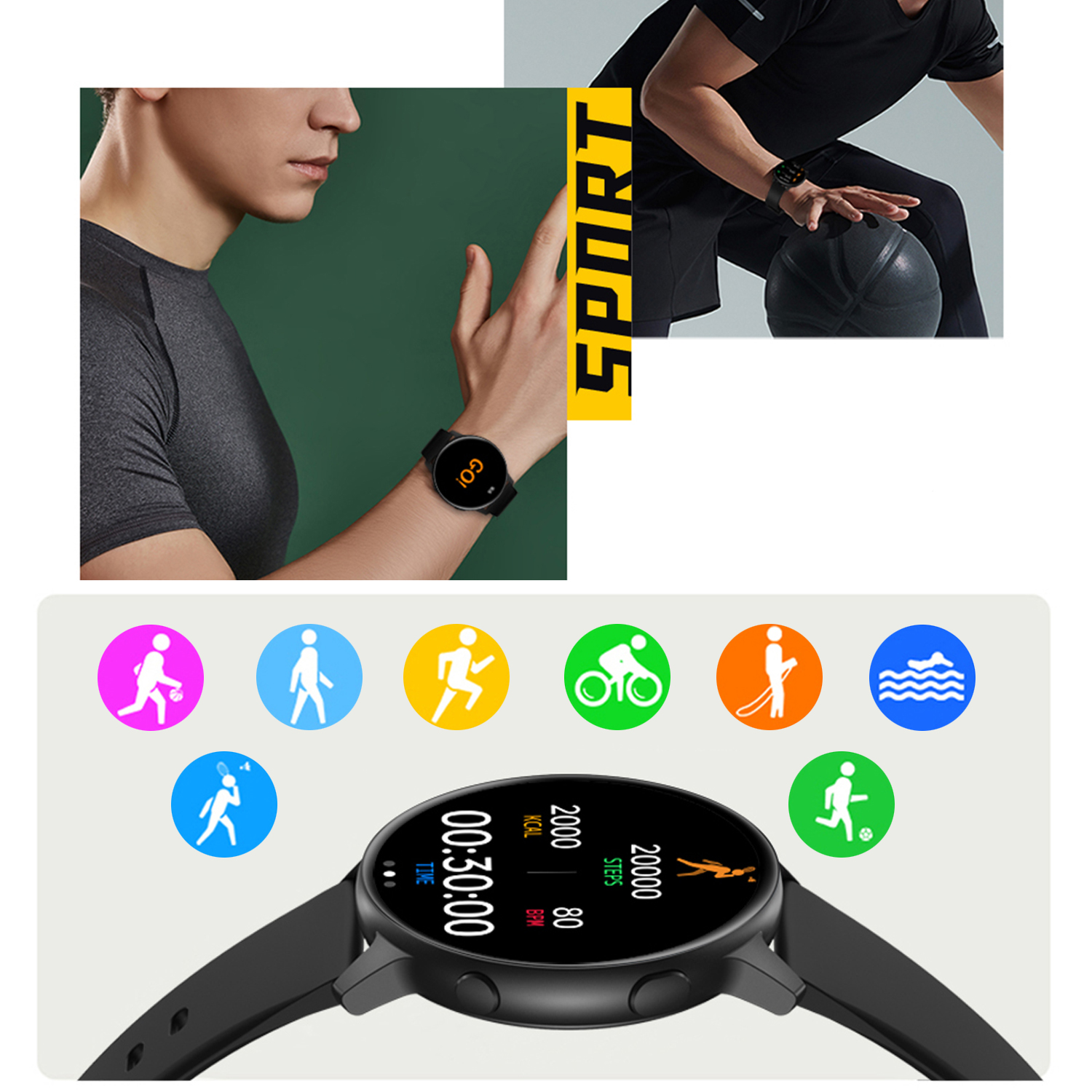 Uno smartwatch che mostra le metriche di attività. L'immagine mostra anche una persona con uno smartwatch al polso.