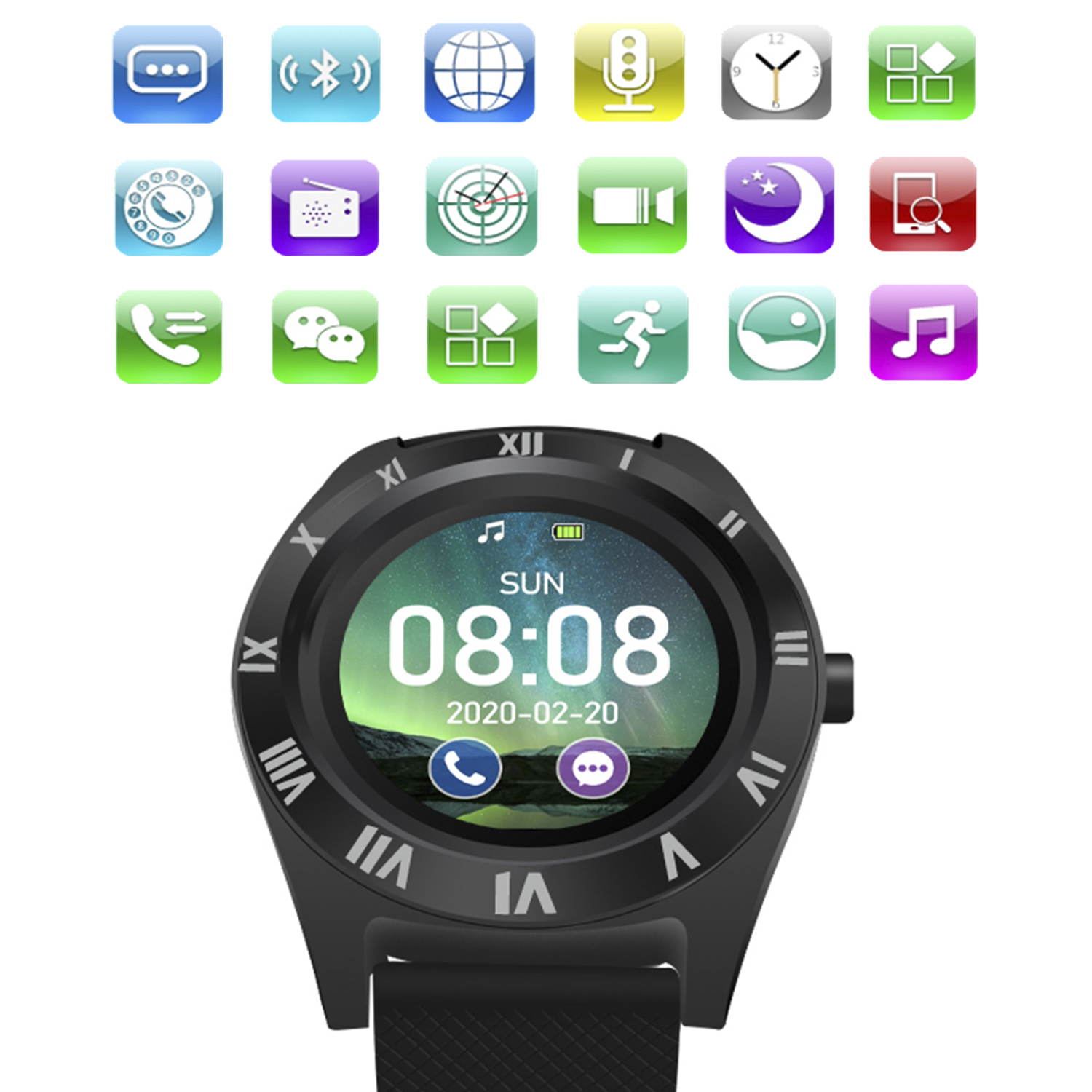 Smartwatch con molte icone di app sullo schermo. L'orologio ha un cinturino nero e un quadrante rotondo.