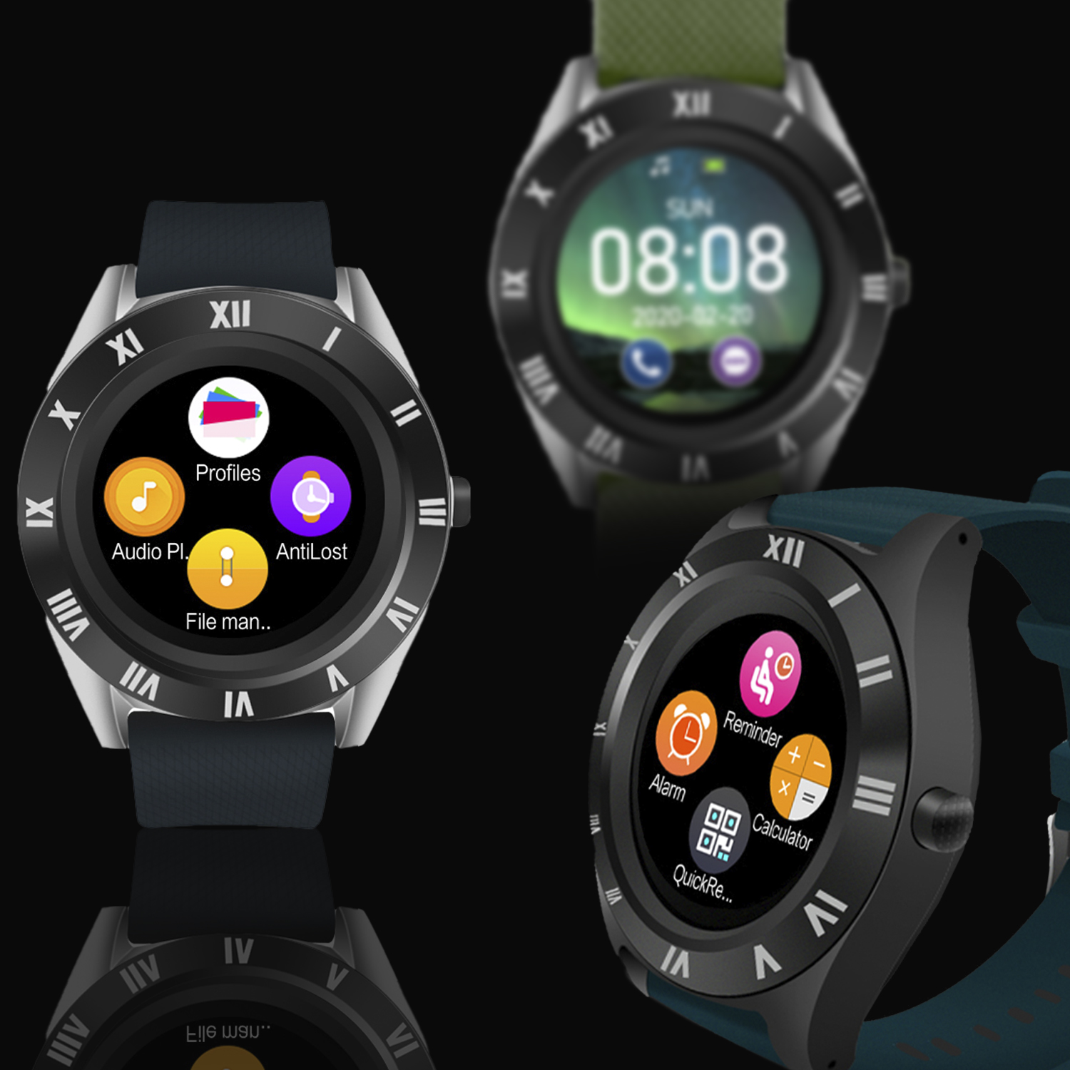 Tre smartwatch con interfacce diverse su una superficie nera riflettente.