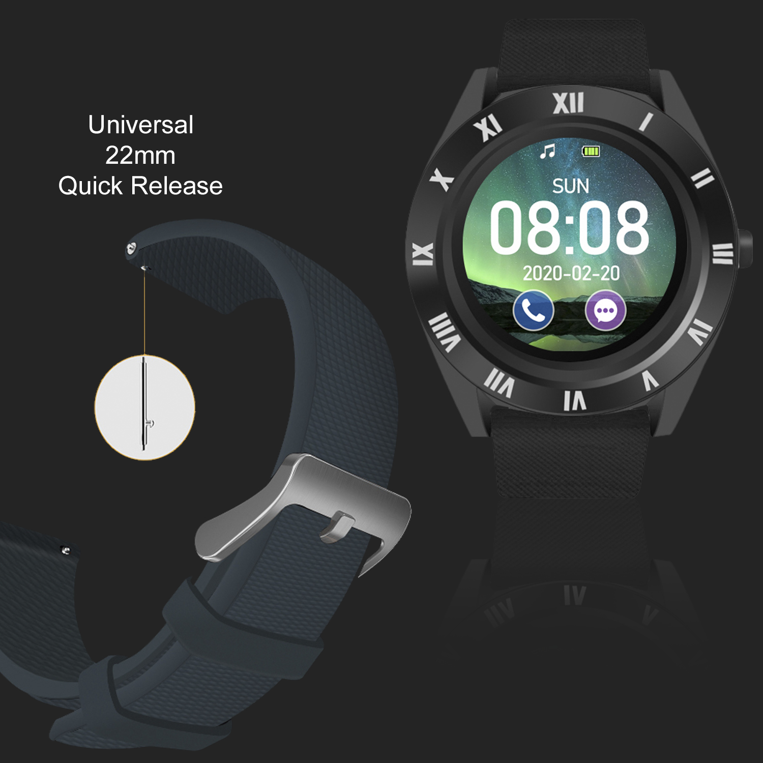 Uno smartwatch con cinturino nero e cinturino blu. Il quadrante mostra l'ora e il giorno.