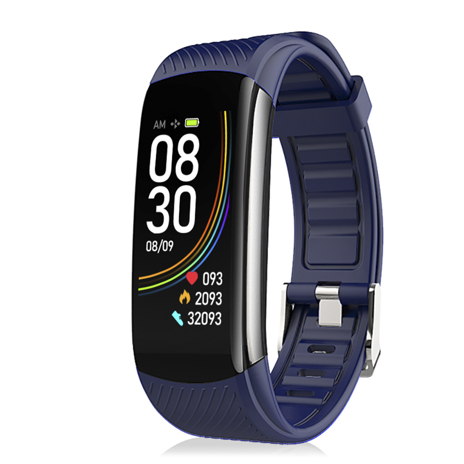 Fitness tracker blu con schermo nero che mostra ora, frequenza cardiaca e altri dati. Cinturino blu.