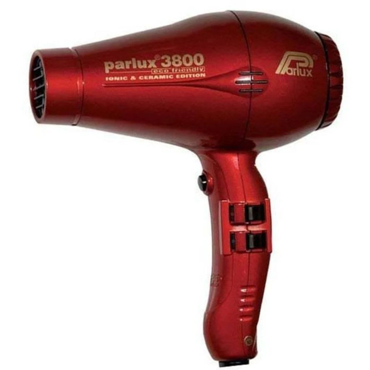 Un asciugacapelli Parlux 3800 rosso, angolato, su sfondo bianco.