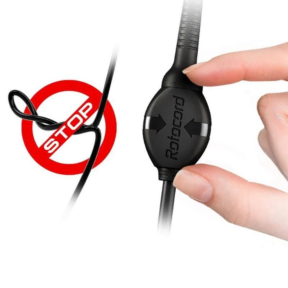 Kabel, ze znakiem stopu i urządzeniem do porządkowania kabla.