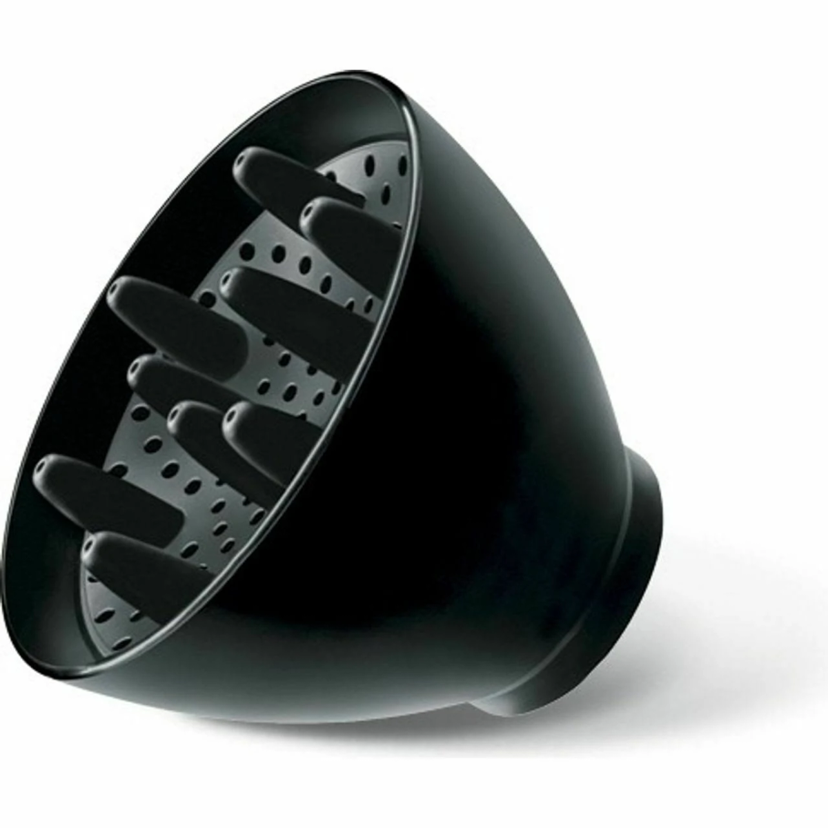 Czarny dyfuzor do suszarki do włosów z wieloma dyszami. Dyfuzor jest na białym tle.