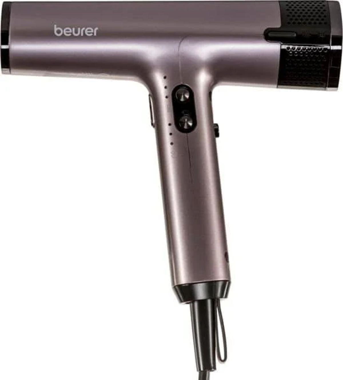 Purple hair dryer with a black handle, white nozzle, and a logo.