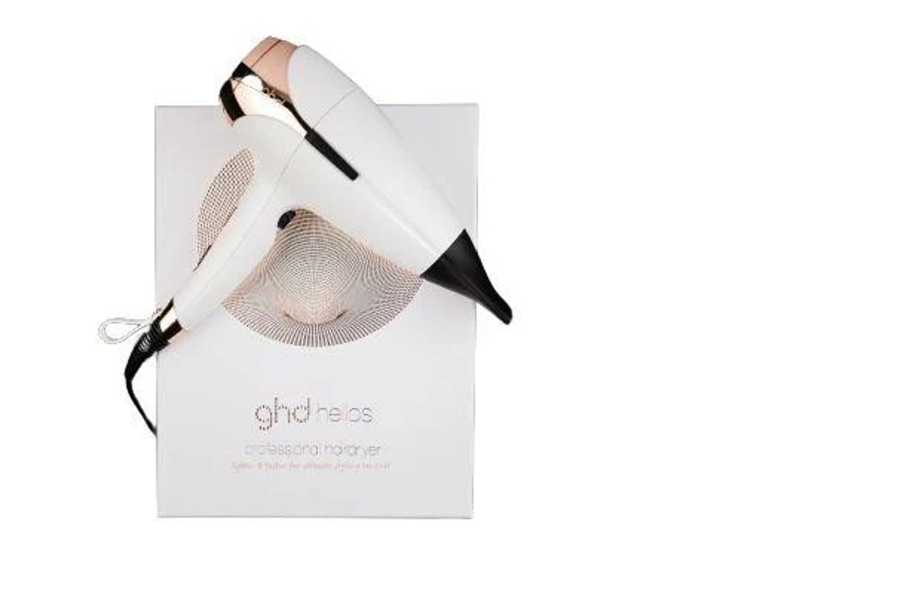Sèche-cheveux blanc et or rose avec boîte, sur fond blanc.