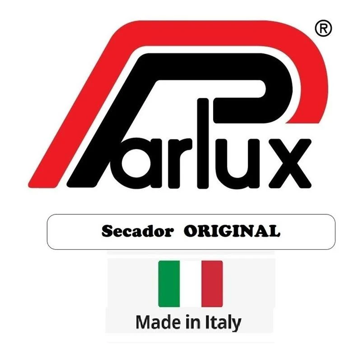 Logo 'Parlux' w kolorze czerwonym i czarnym, tekst 'Secador Original' oraz symbol flagi włoskiej.