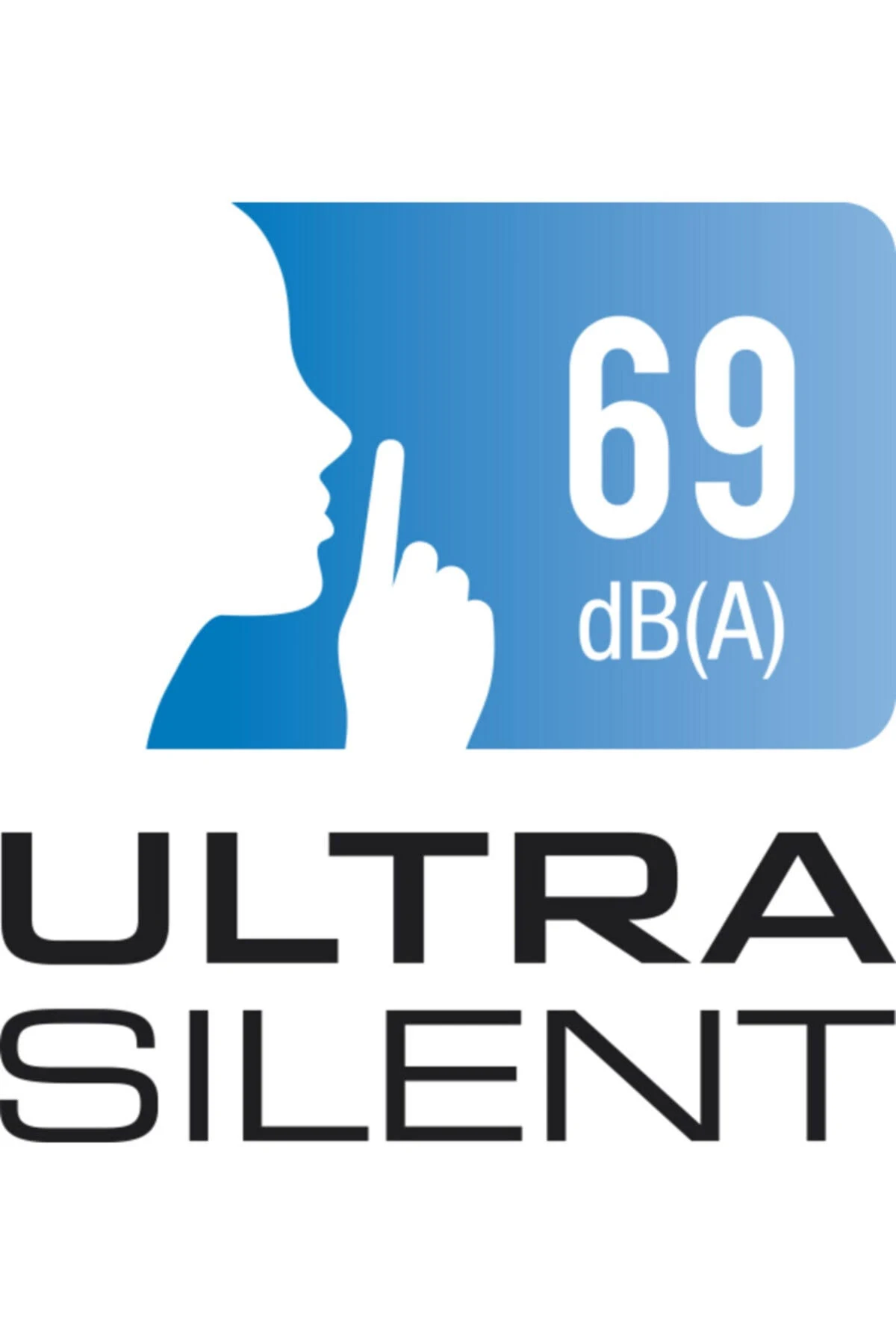 Logo: sylwetka wskazująca palcem; tekst: 'ULTRA SILENT' i '69 dB(A)'.