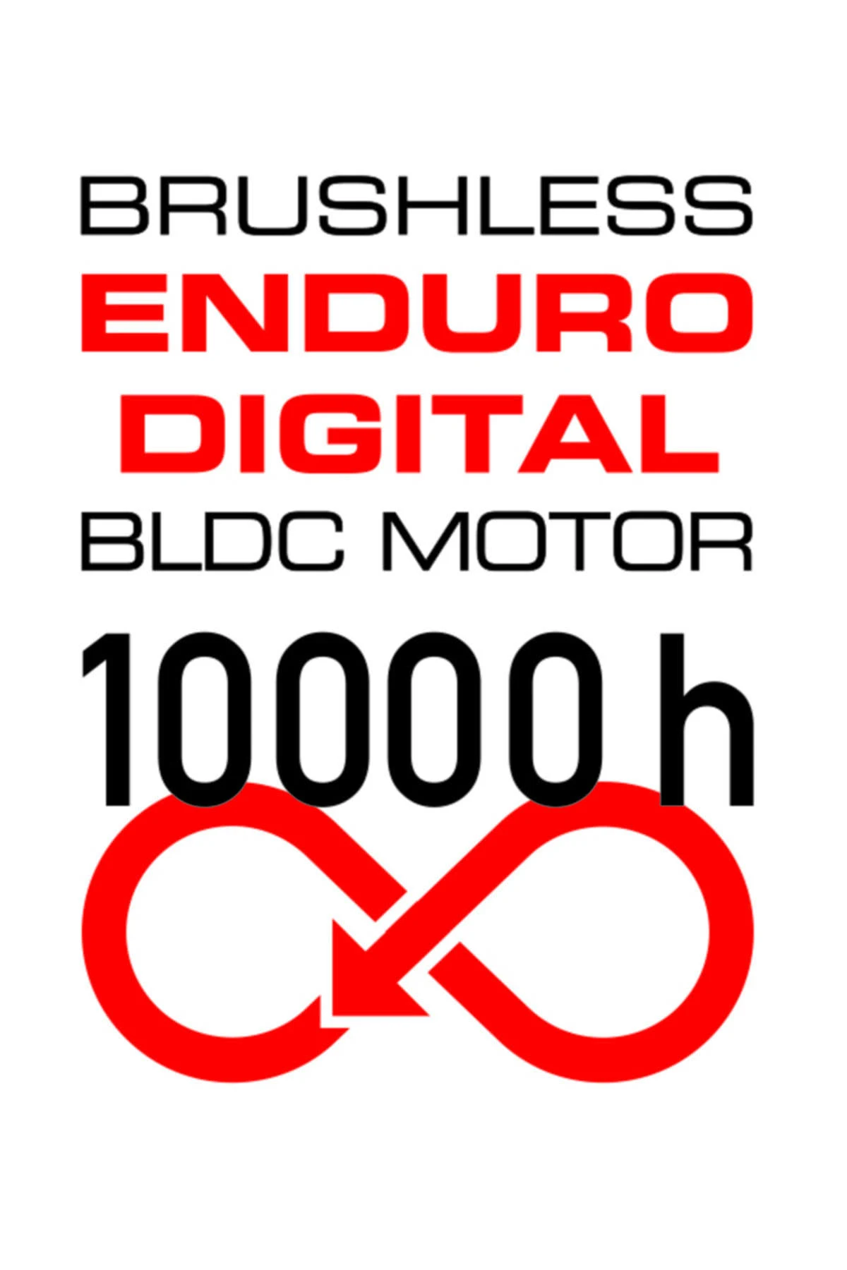 Białe tło z tekstem: Brushless Enduro Digital BLDC Motor, 10000 h i czerwony symbol nieskończoności.