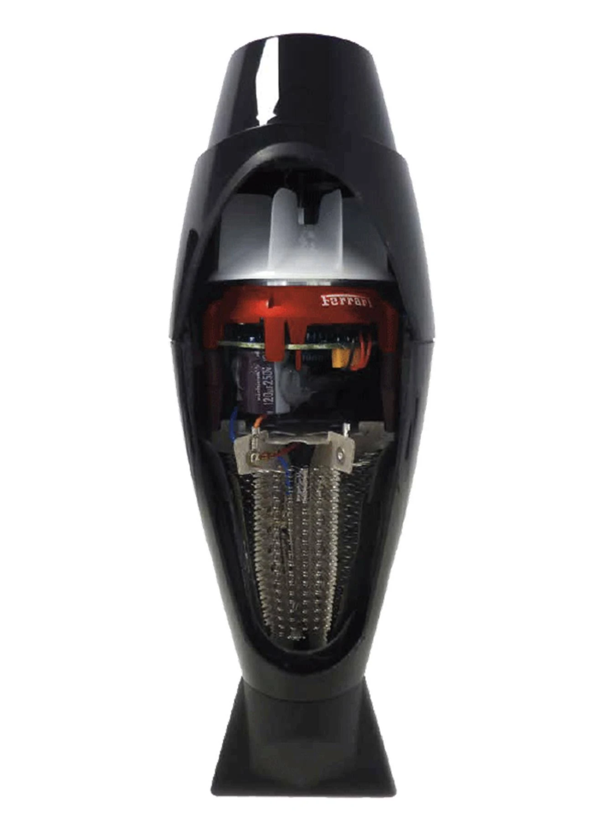 Przekrój suszarki do włosów pokazujący elementy wewnętrzne: element grzejny, wentylator i elementy elektryczne.