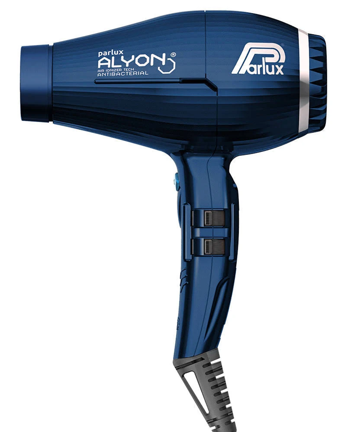 Asciugacapelli blu con il testo 'parlux alyon' e logo. Manico e cavo neri.