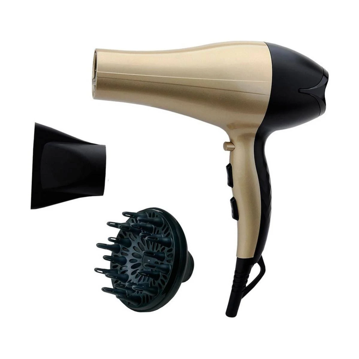 Asciugacapelli oro e nero con due accessori, un diffusore e un beccuccio, su sfondo bianco.
