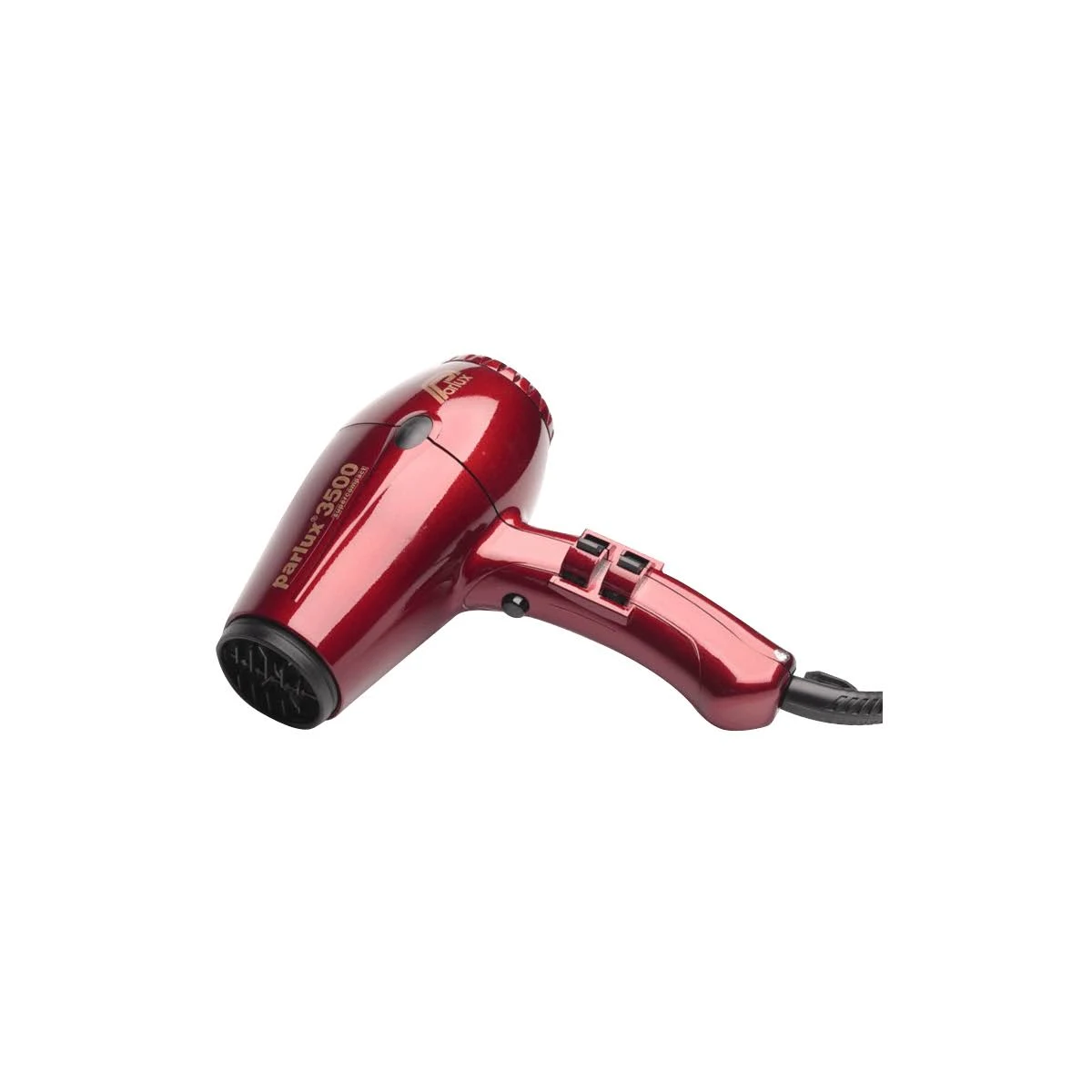Secador de pelo rojo, Parlux 3500, sobre una superficie blanca. El secador es el foco principal.