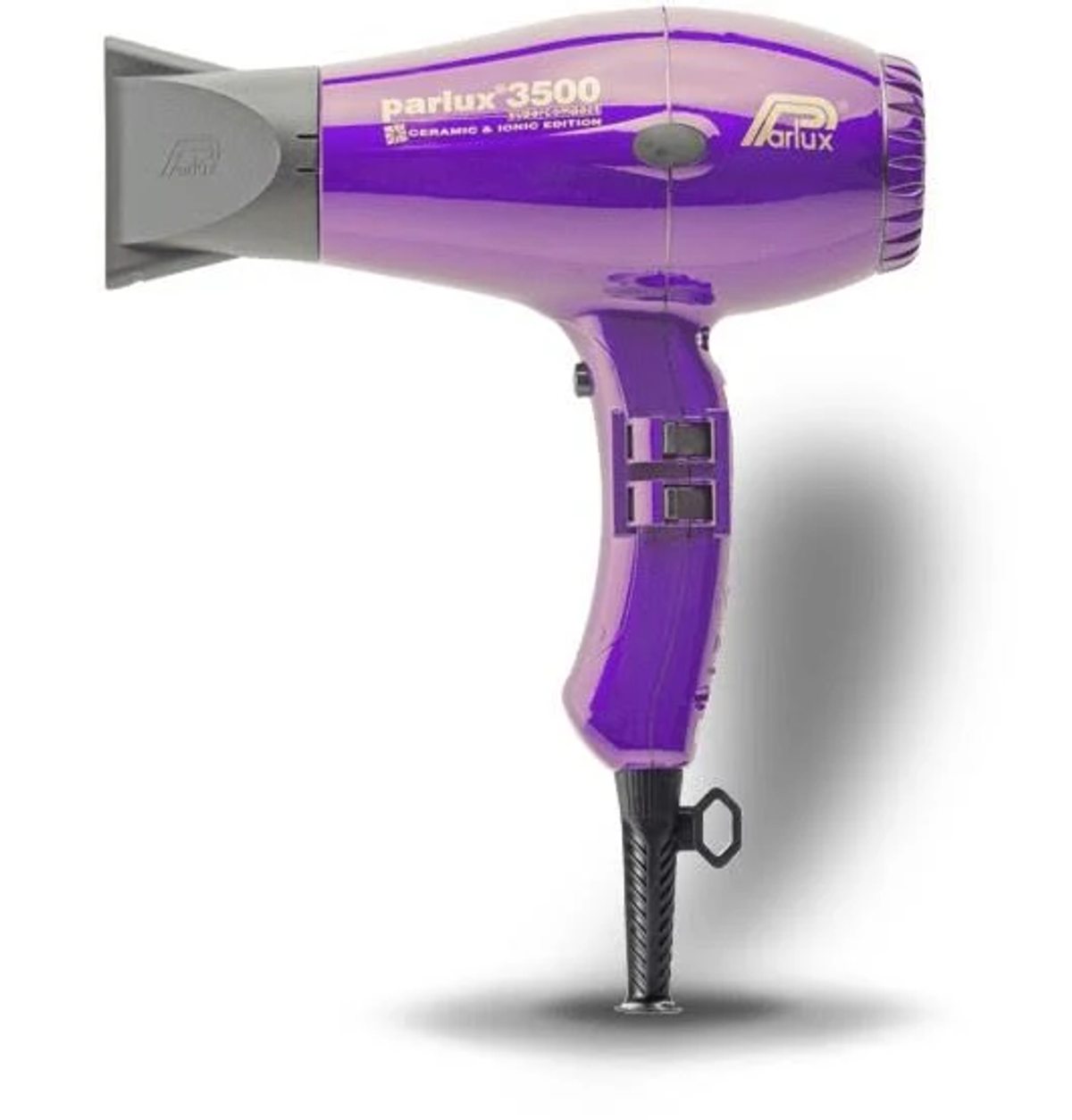 Secador de pelo Parlux 3500 morado sobre fondo blanco, con boquilla gris y mango negro. Tiene logo.