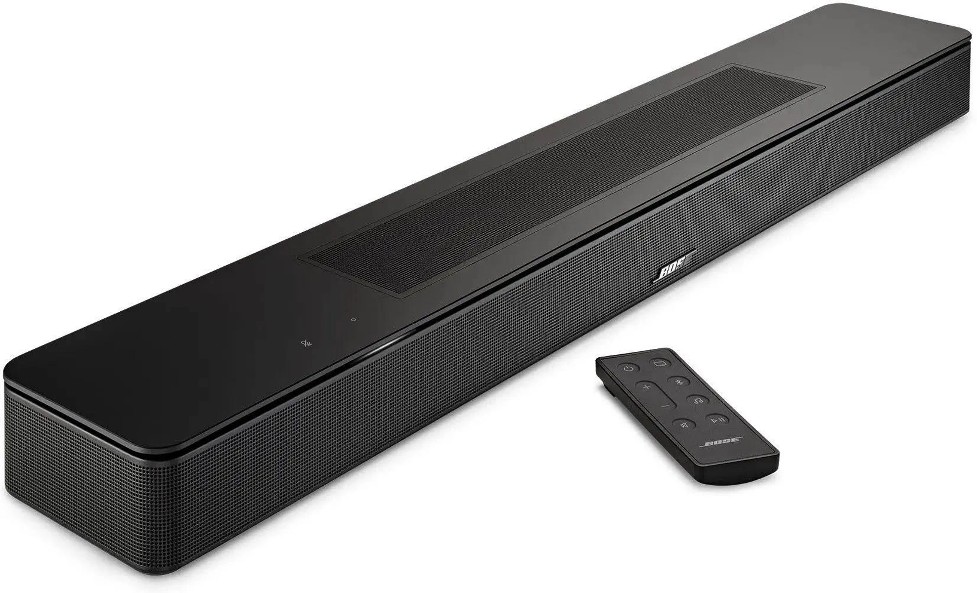 Schwarze Soundbar mit Fernbedienung. Lange, rechteckige Form, dunkelgraues Netz in der Mitte, weißer Hintergrund.