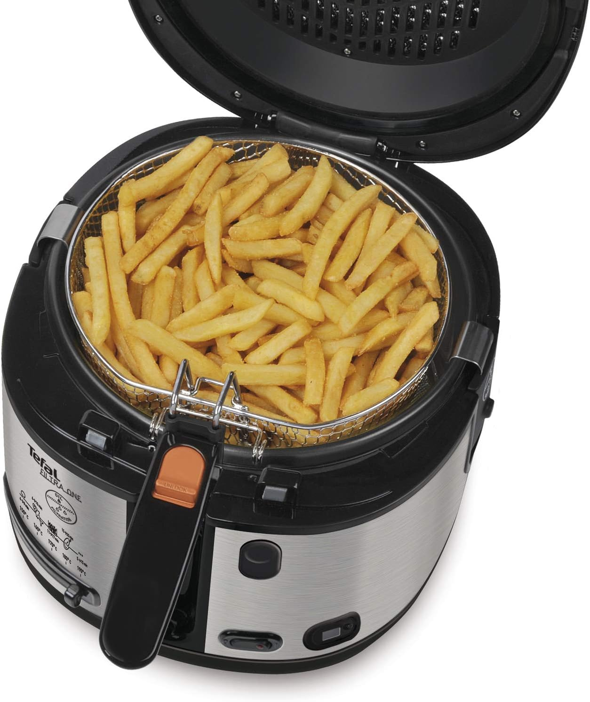 Frytkownica z otwartą pokrywą. Zawiera metalowy kosz wypełniony złotymi frytkami.