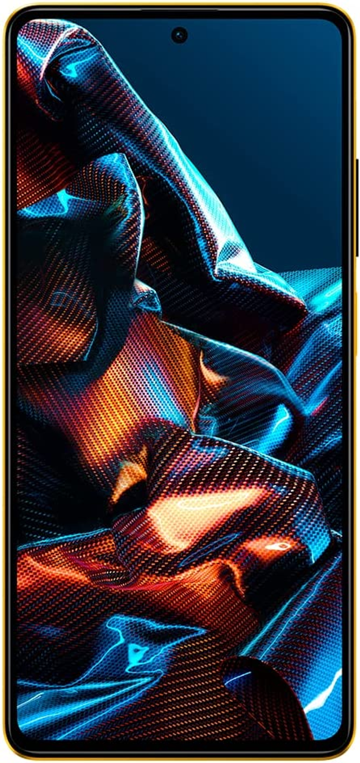 Smartphone amarillo con un patrón abstracto y colorido en la pantalla.