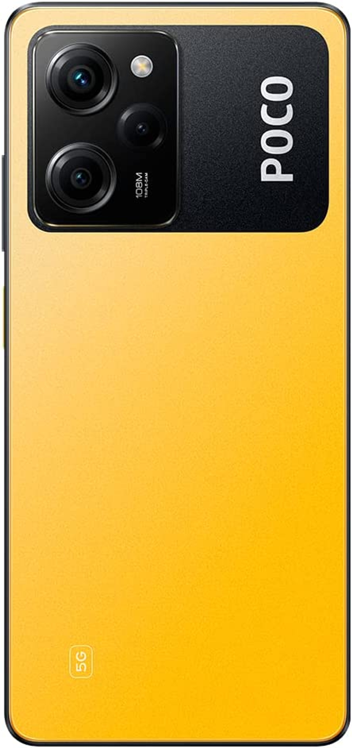 Un teléfono Poco amarillo con un módulo de cámara negro y el logotipo de Poco. Sobre un fondo blanco.