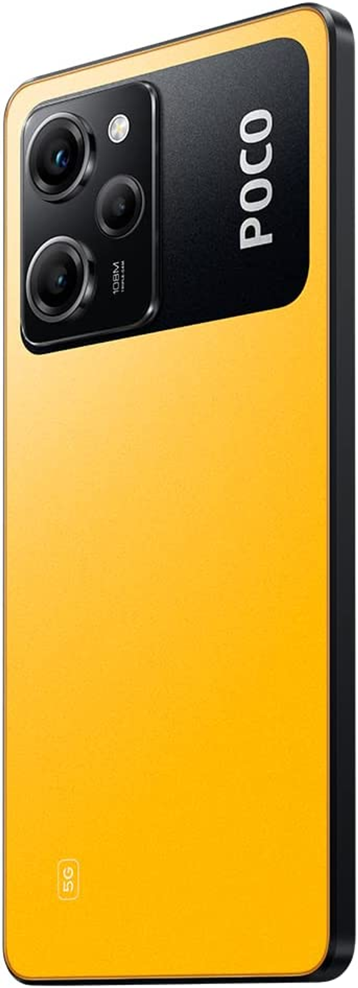 Teléfono Poco amarillo con módulo de cámara negro, tres lentes y logotipo de Poco. Símbolo 5G en la parte inferior.