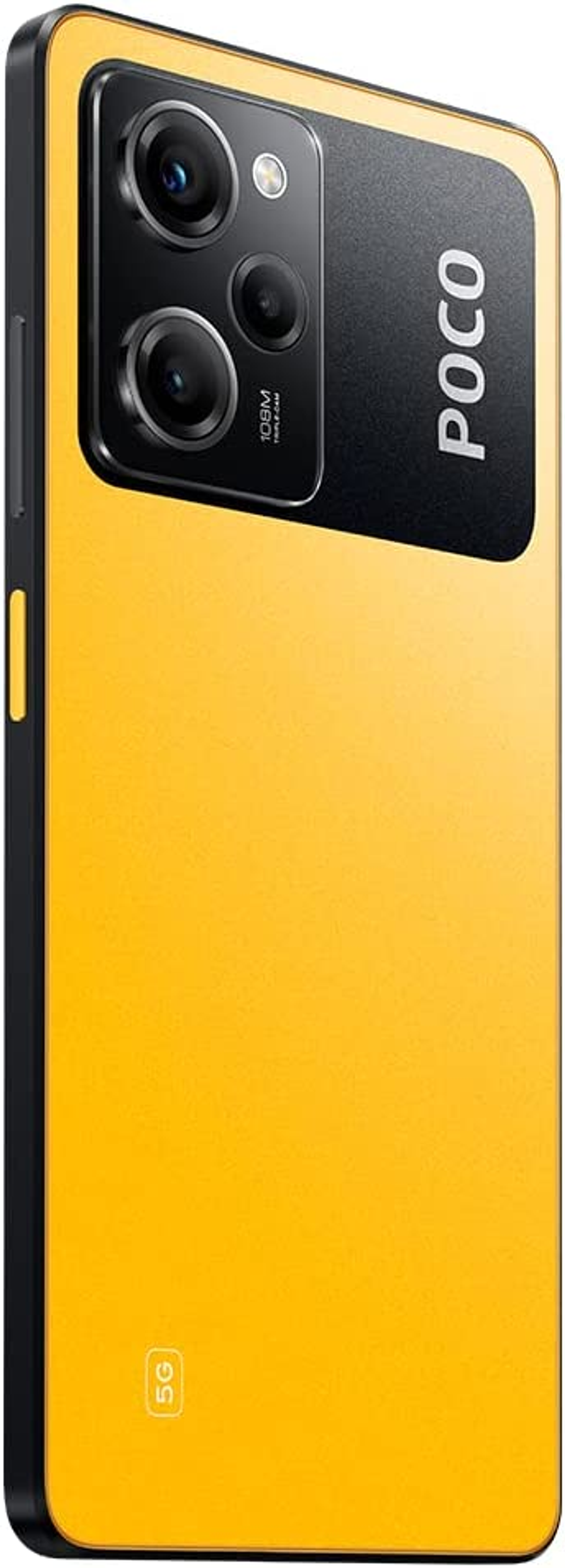 Teléfono Poco amarillo con protuberancia de cámara negra y logotipo de Poco. Tiene tres lentes de cámara.
