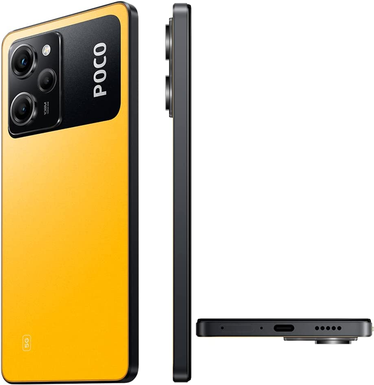Un teléfono POCO amarillo y negro, que muestra las vistas laterales, trasera e inferior.