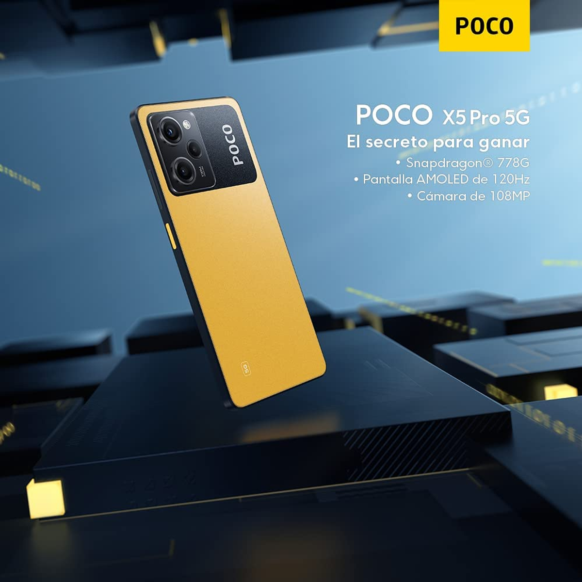 Un teléfono amarillo con cámara sobre una superficie negra con el logo de POCO.