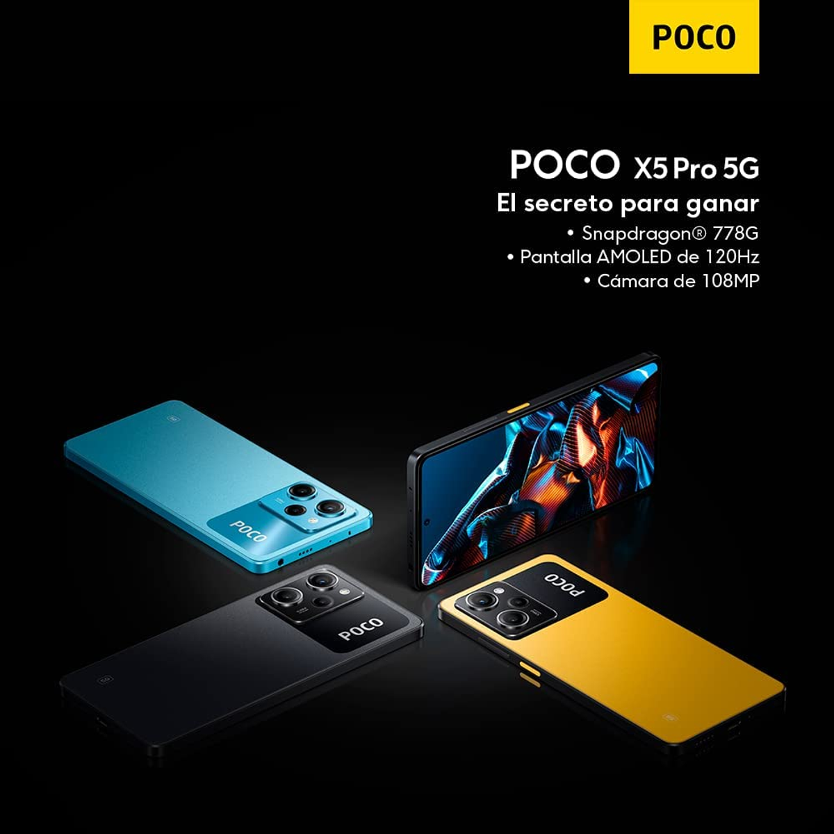 Teléfonos POCO X5 Pro 5G en varios colores sobre fondo negro. Se muestran cuatro.