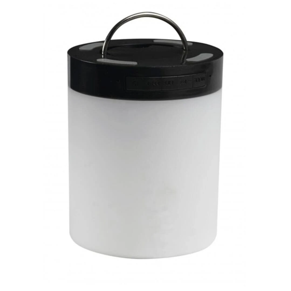 Biały cylindryczny głośnik z czarną górą i uchwytem. Białe tło.