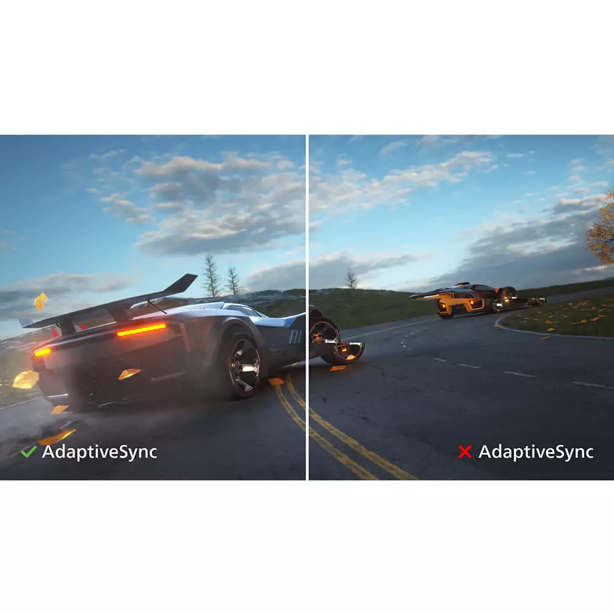 Due immagini che mostrano auto da corsa su una pista. Una con AdaptiveSync, l'altra senza, mostrando la differenza.