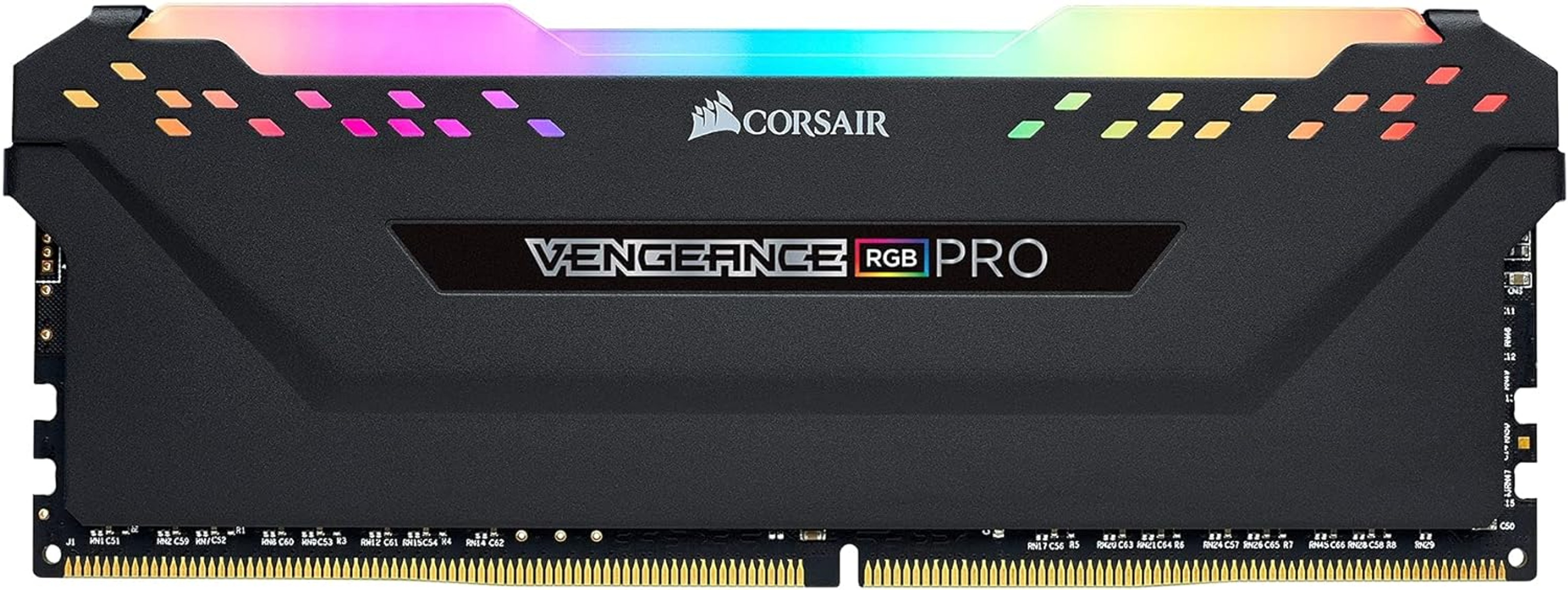 Een zwarte RAM-geheugenmodule met het Corsair Vengeance RGB Pro-logo en kleurrijke lichten.