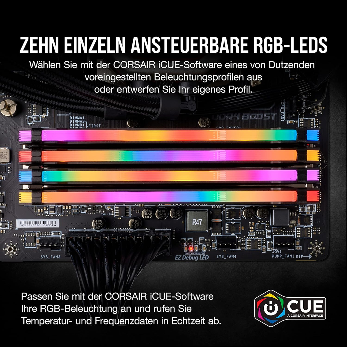 Close-up van een computer moederbord met kleurrijke RAM-sticks en tekst in het Duits.