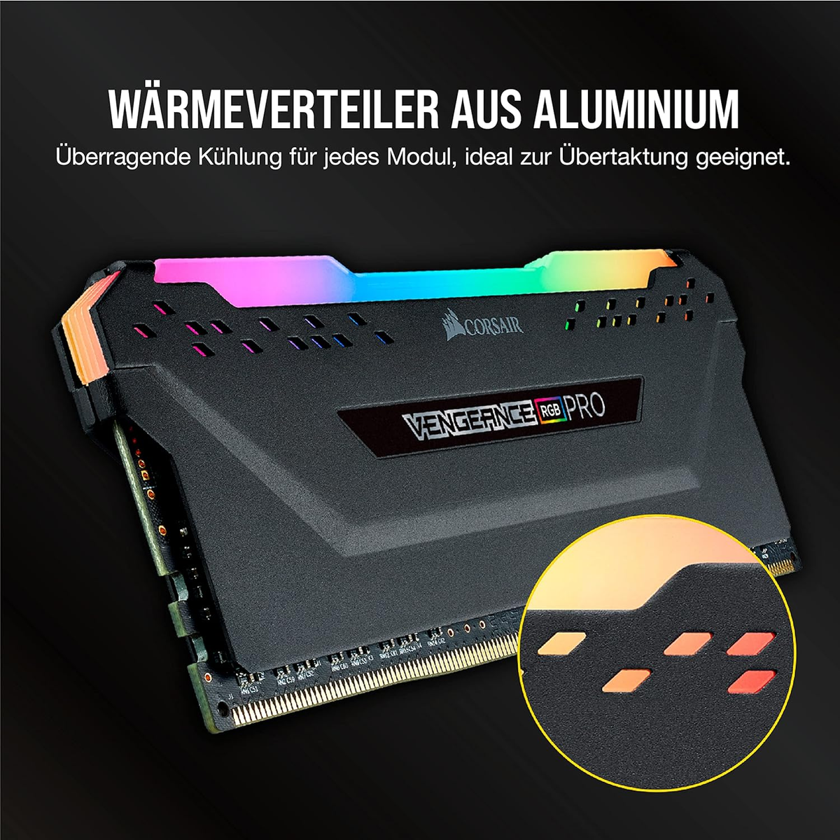 Zwarte RAM-module met RGB-verlichting, Corsair-logo en Vengeance RGB Pro tekst.