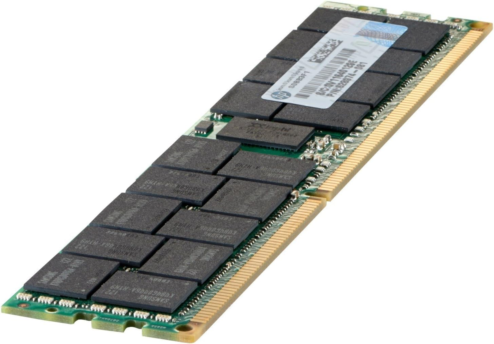 Un modulo di memoria RAM. È verde con chip neri e contatti dorati.