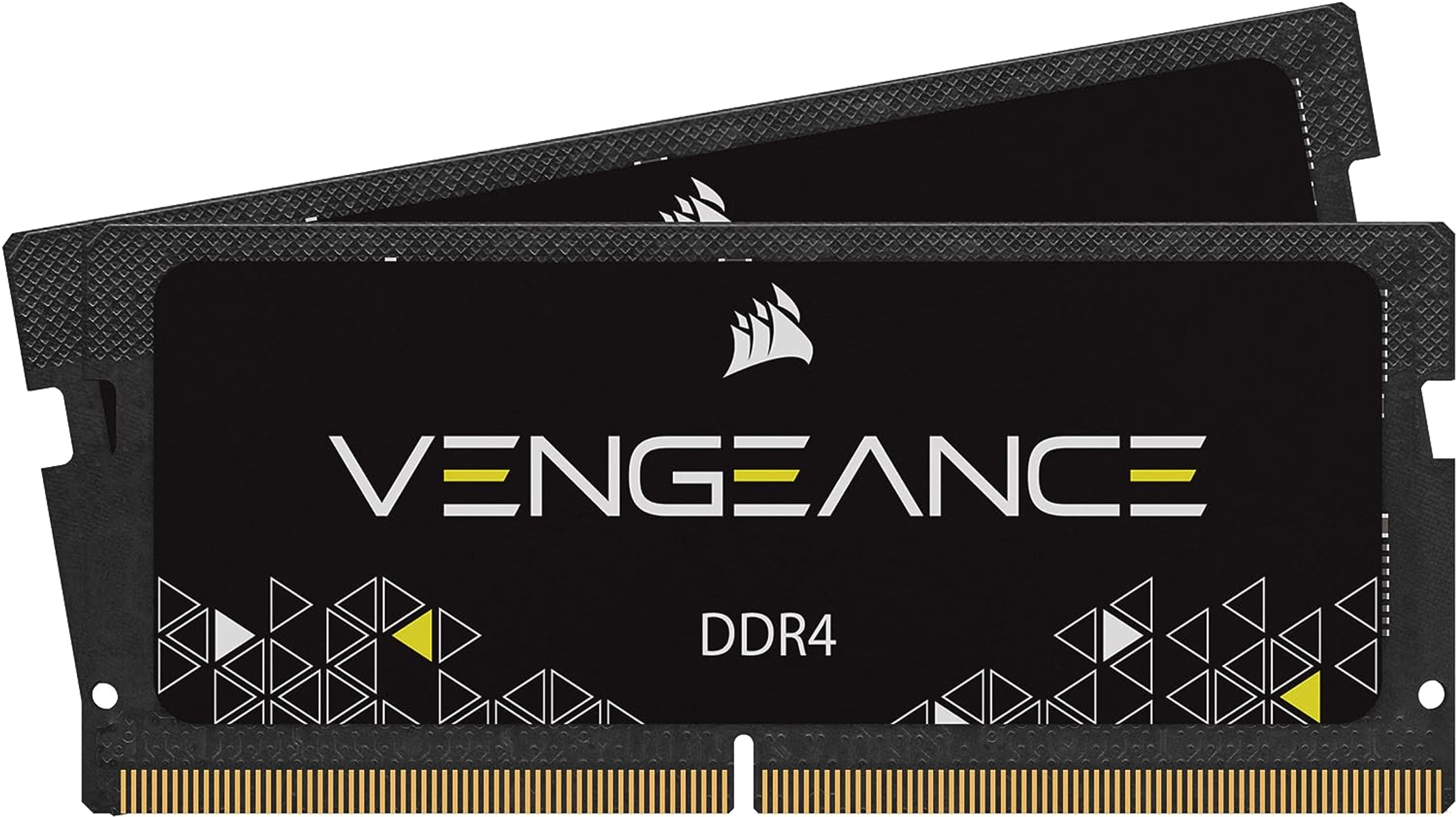 Dos módulos RAM DDR4 negros con un logotipo amarillo sobre fondo blanco.