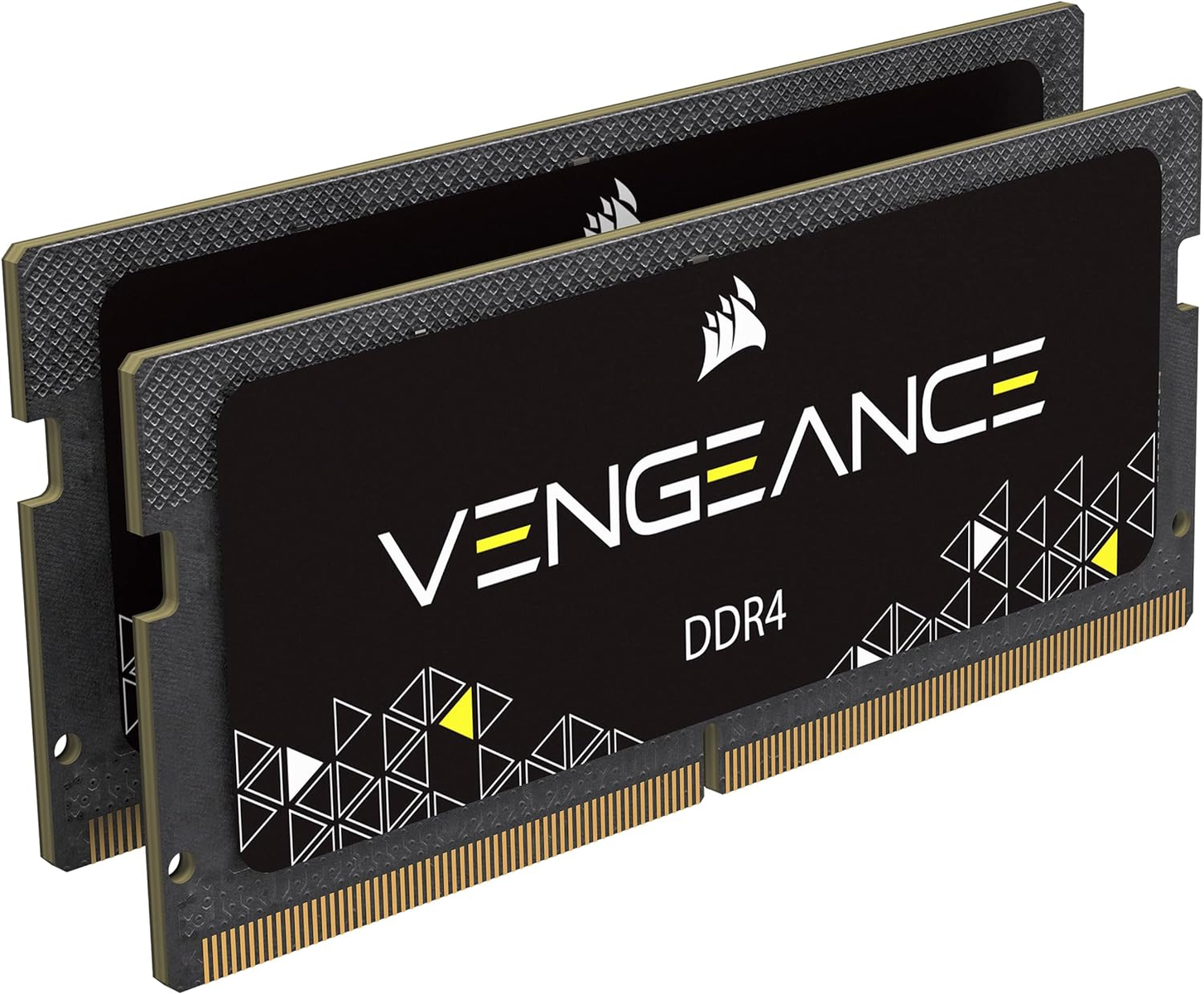 Dos módulos de memoria RAM negros con la palabra 'VENGEANCE' en amarillo y el logotipo DDR4.