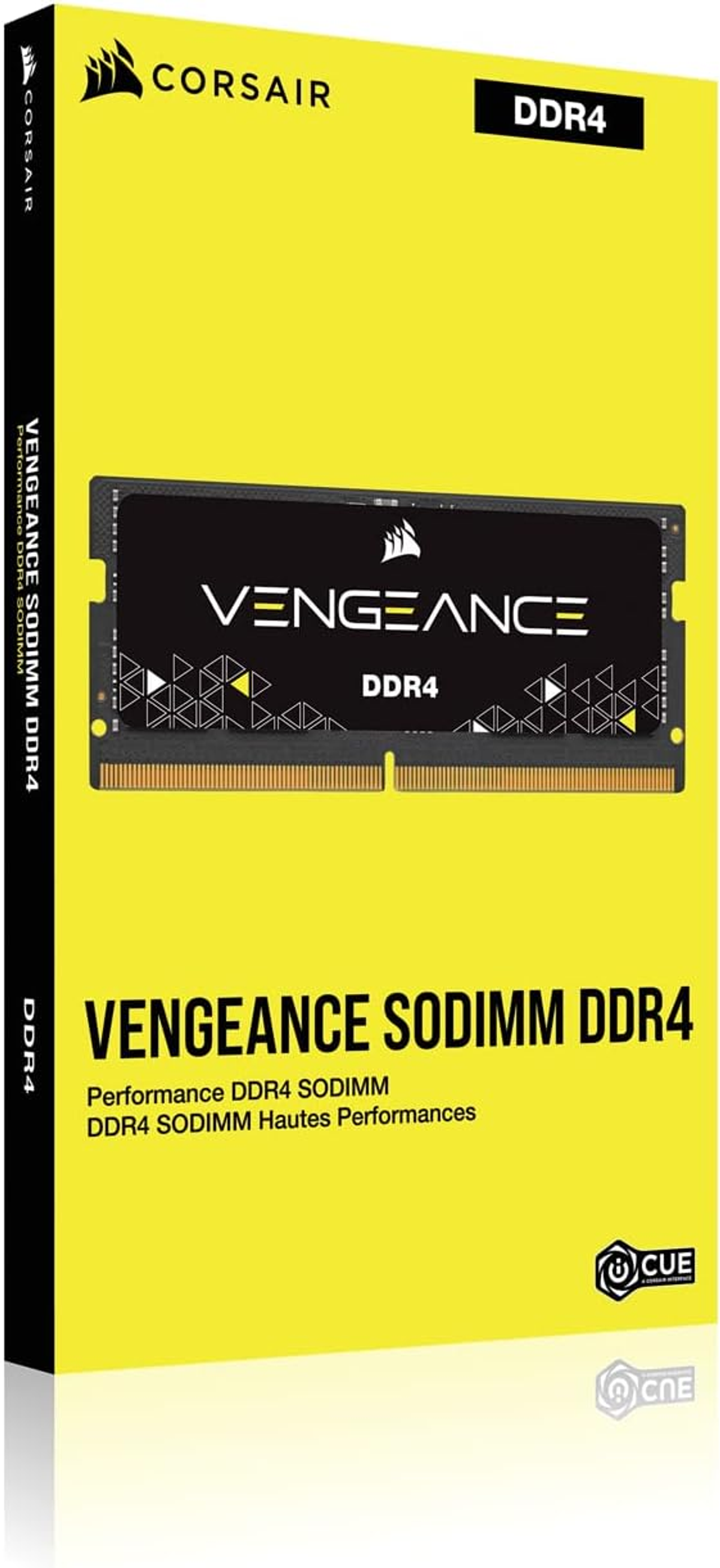 Un módulo de RAM DDR4 en una caja amarilla. La caja está etiquetada con 'Corsair Vengeance SODIMM DDR4'.